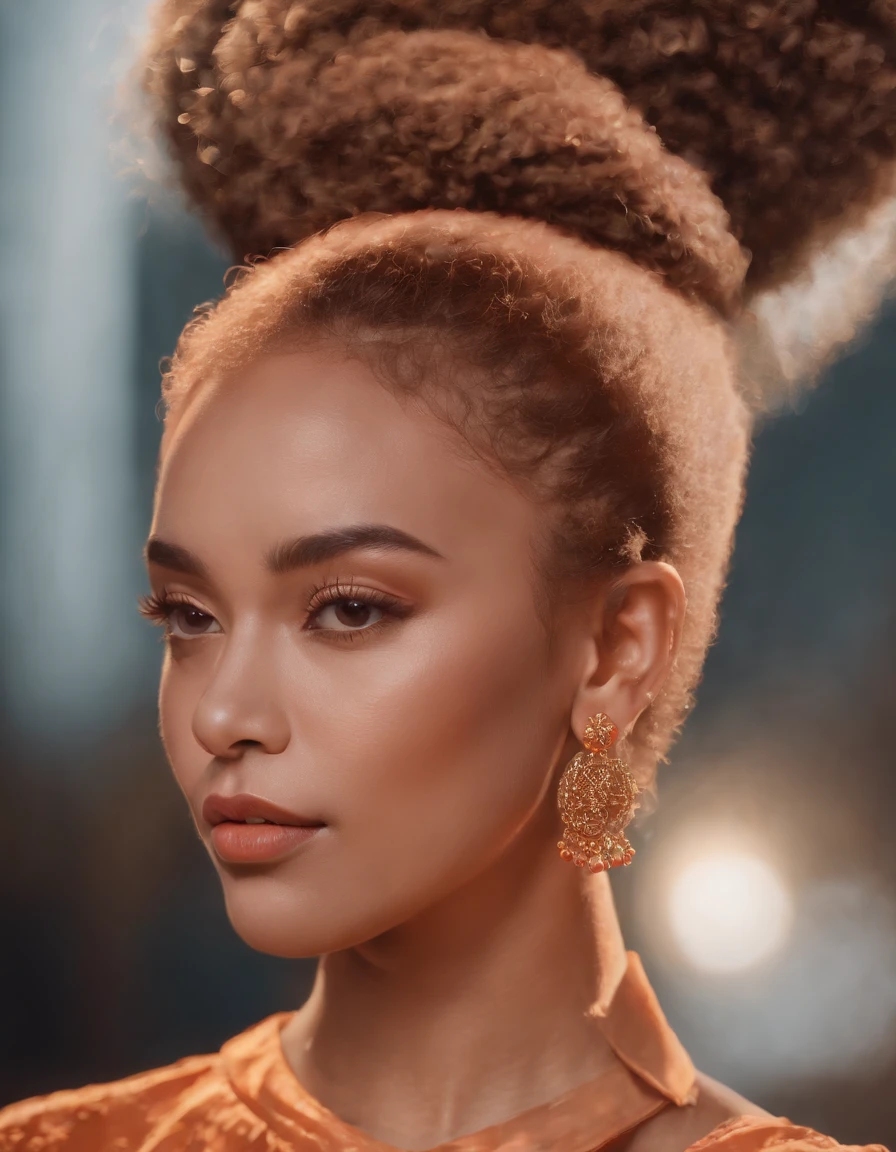 illustration image of a woman with hair, eyebrows and earrings, in the style of light orange, saturated palette, art of the ivory coast, editorial illustrations, cranberrycore, warmcore, neon