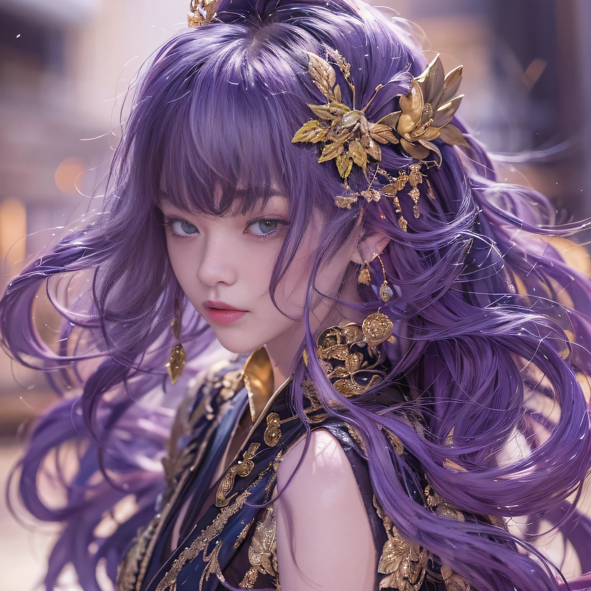 Genki Girl 32K（tmasterpiece，k hd，hyper HD，32K）Long flowing bright purple hair，Autumn Pond，zydink， a color， Asian people （Genki girl）， （Silk scarf）， Combat posture， looking at the ground， long whitr hair， Floating bright purple， Fire cloud pattern gold tiara， Chinese long-sleeved gold silk garment， （Abstract metaverse splash：1.2）， white backgrounid，Lotus vitality protector（realisticlying：1.4），Bright purple hair，Smoke on the road，The background is pure， A high resolution， the detail， RAW photogr， Sharp Re， Nikon D850 Film Stock Photo by Jefferies Lee 4 Kodak Portra 400 Camera F1.6 shots, Rich colors, ultra-realistic vivid textures, Dramatic lighting, Unreal Engine Art Station Trend, cinestir 800，A girl with long flowing bright purple hair