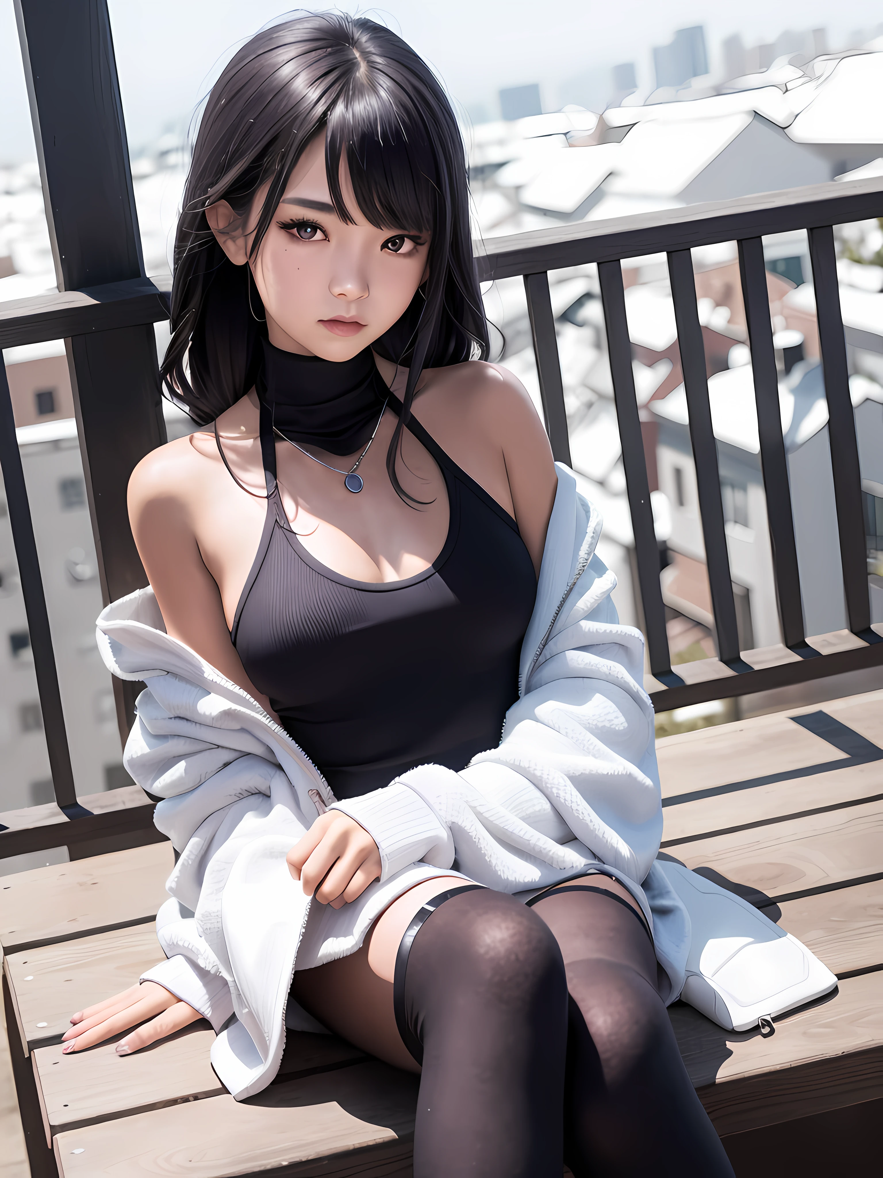 Sitting on a bench at night, snow on the ground, shy, beauty spot on chin, wearing a loose oversized hoodie, off the shoulder, fishnet leggings,  hypebeast fashion,  sexy thighs, side pose, small mole on the chin, blushing, neon lights in the background, detailed background, raining, long sleeves, neck choker with necklace, long necklace, evil look, detailed digital anime art