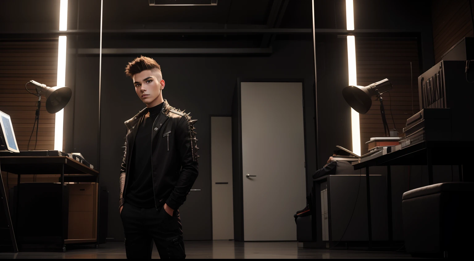 young man name urban legend with short spiky hair in Studio co seeing camera front siting alone show full body