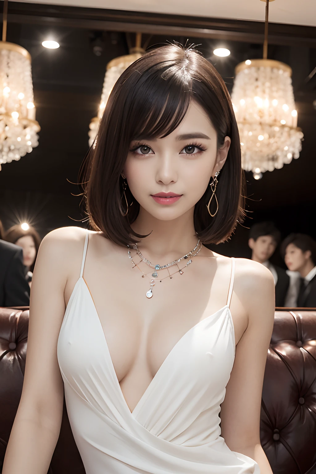 two womens、loose fluffy hair、Medium hair、(masutepiece),Goddess smile、Transparent Woman、nogizaka (Best Quality),Adult makeup、eyeshadows、eye line、Teardrop Bag Makeup、Stick out your shiny lips a little,、the kiss、piercings、a necklace、A bracelet　29yo　Elegant dresses、　Medium　BRAEK　bars、cabaret、club、chandeliers、expensive couch