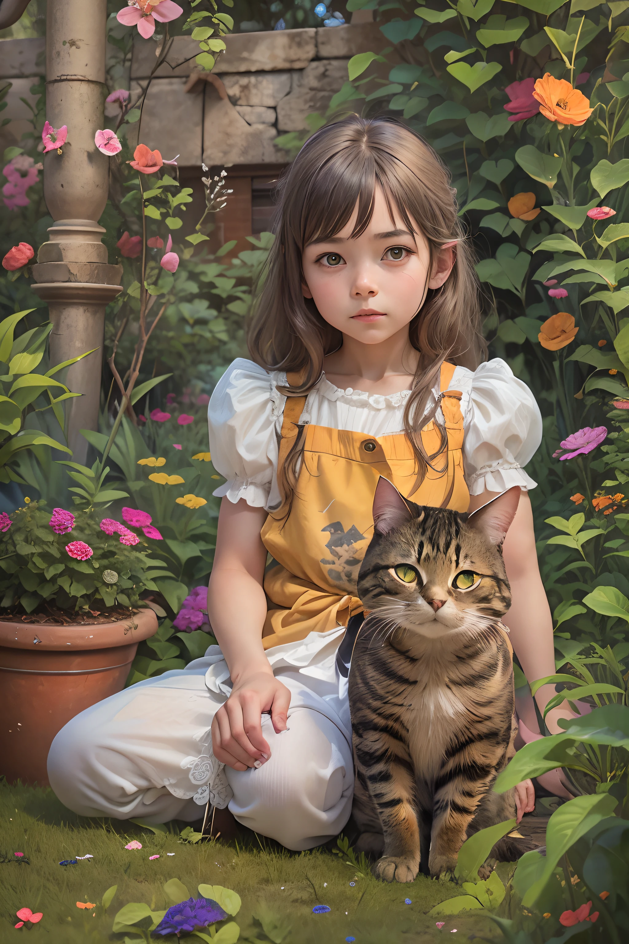 The girl squatted down, And a cat, looking to the camera. trpical garden.
