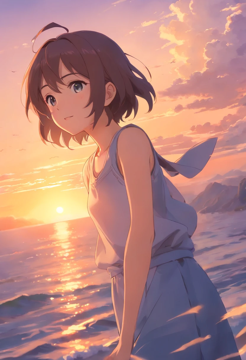 tmasterpiece,best qualtiy,cinematic Film still from,1girll,Cloud Girl,Frontal photo,Delicate and beautiful face,Standard facial features and limbs,Arms spread wide,ssmile,Floating in the sky,closeup cleavage,brightly,cheerfulness,Warm and soft lighting,the sunset,(spark of light:0.7)