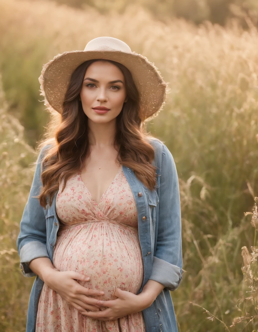 an up close photo of a pregnant woman dressed in bohemian-inspired fashion,sunny, wearing a flowy maxi dress with floral prints, layered with a denim jacket and accessorized with a floppy hat and vintage accessories. Her hair is styled in loose waves or natural curls. The setting is a sunlit park or meadow, with long grass and wildflowers,