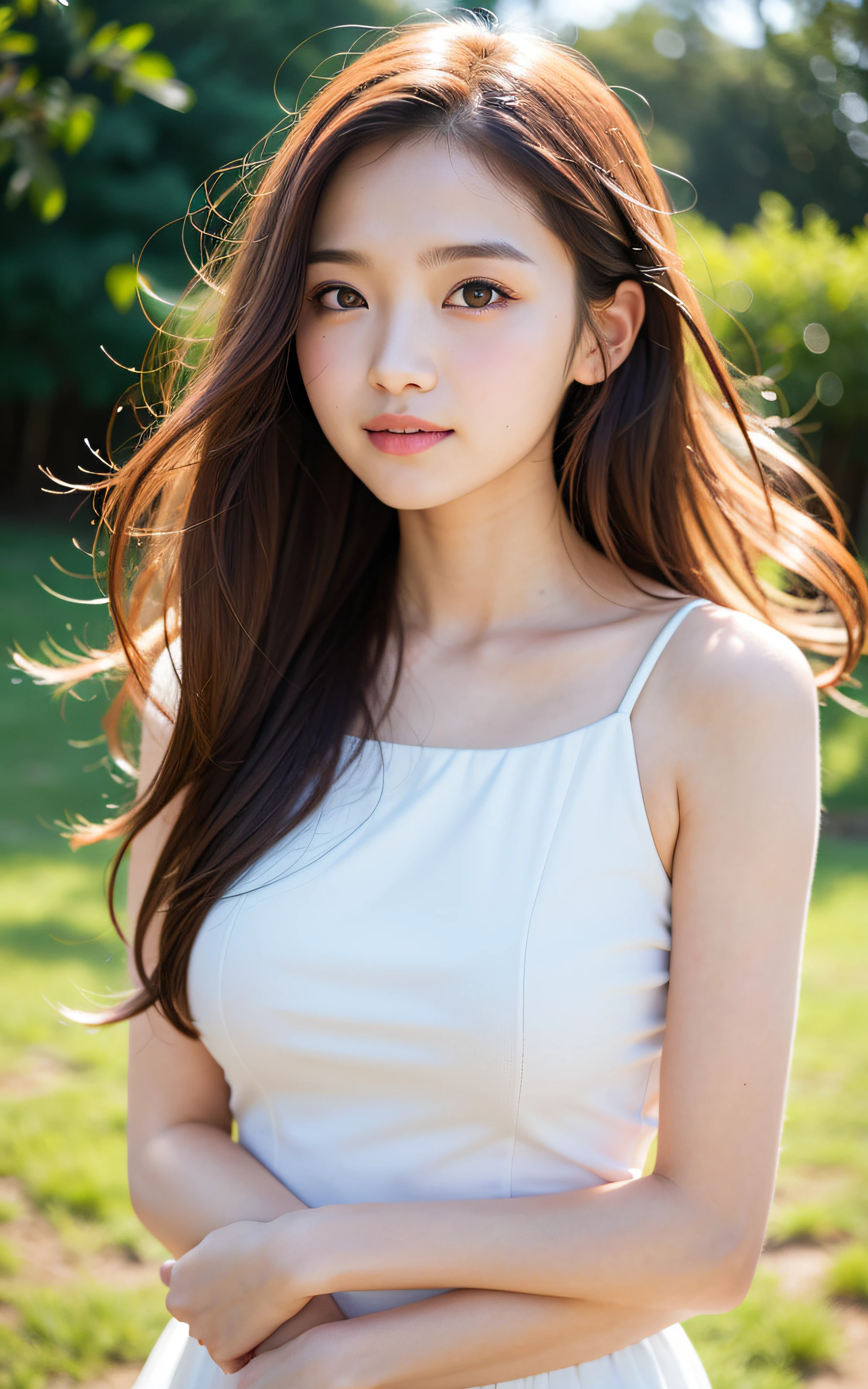 Photograph showing the whole body。(RAW Photos, Highest quality), (Realistic, Photorealistic:1.3), Tabletop, Crying face, Very delicate and beautiful, Soft Light, (Brown Hair, Straight shoulder-length hair fluttering in the wind), Beautiful detailed girl, Highly detailed eyes and face, Beautiful and detailed nose, Fine and beautiful eyes, (Crying face：1.3)1 girl,Pure beauty, cute,, (Small breasts:1.2), Realistic face, Realistic body,Full body photo、Wearing a wedding dress。