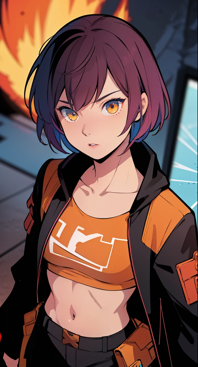 solo, 1girl, (masterpiece), ((16 year old appearance)), fire hair, short hair, ahoje, spiky hair, small breasts, yellow eyes, ((detailed eyes)), (strong body), (simple black cropped), Black jacket with red details, Looking at the screen, orange lipstick, (blurry background), flame effec, visible stomach, oversized black cargo pants, navel, (collarbone)