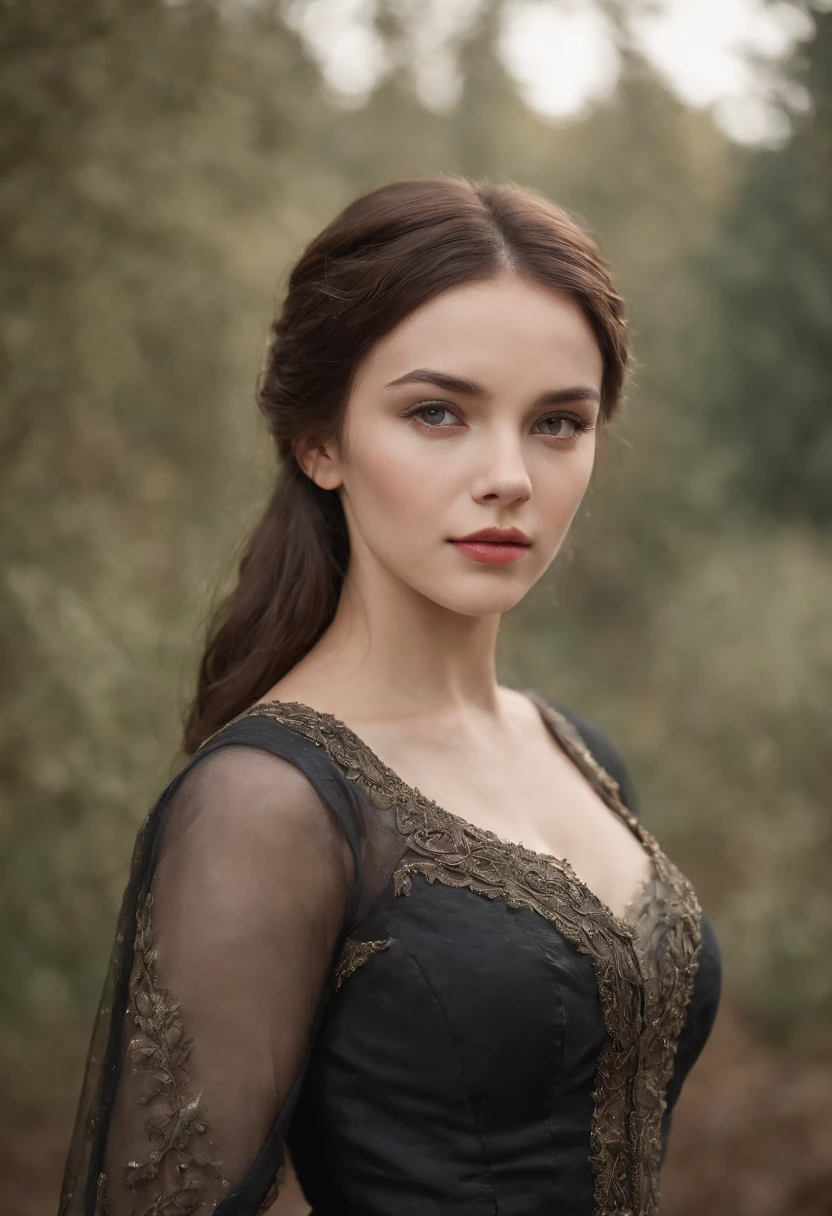 Cinematic portrait, ((upper body)), facing the audience, (Reality :1.3), the world's most beautiful artwork photo, a woman looking into the camera, Gothic costume, detailed beautiful face, action shot, (Intricate :1.4), simple background, global lighting, photorealistic, CG, Art Station