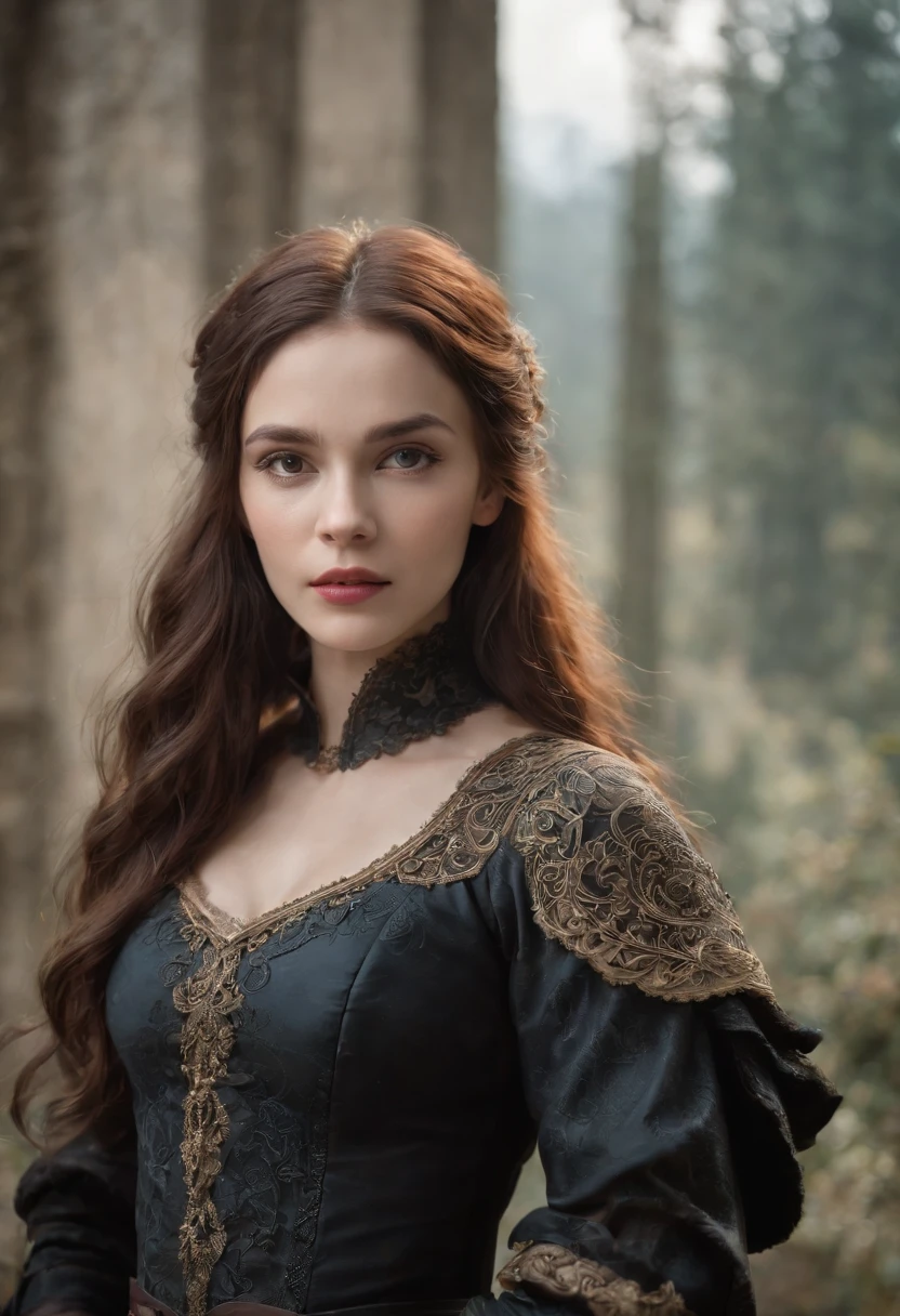 Cinematic portrait, ((upper body)), facing the audience, (Reality :1.3), the world's most beautiful artwork photo, a woman looking into the camera, Gothic costume, detailed beautiful face, action shot, (Intricate :1.4), simple background, global lighting, photorealistic, CG, Art Station