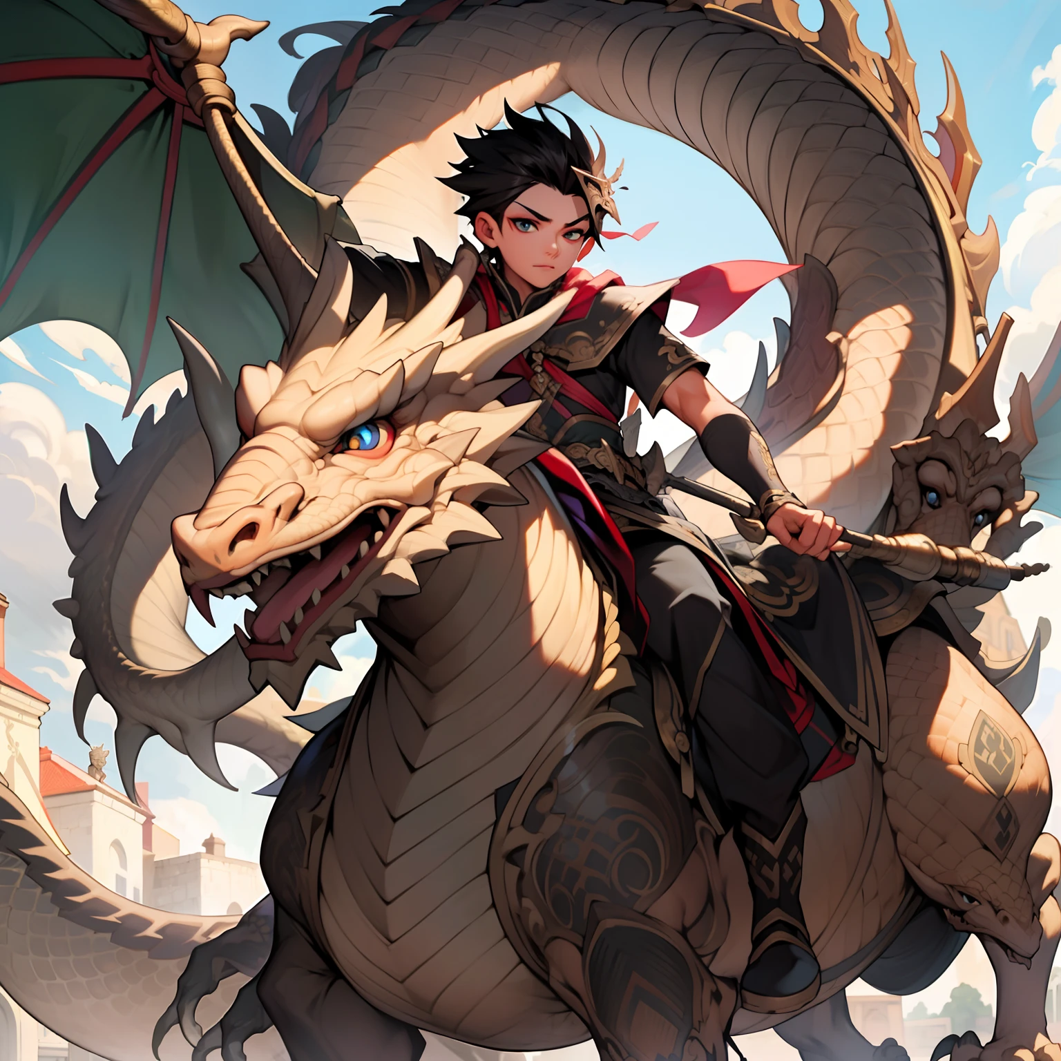 ((RAW photogr)), ((tmasterpiece)), absurderes, A high resolution, Ultra detailed, A handsome boy rides on the back of a dragon，Exquisite facial features，pretty eyes