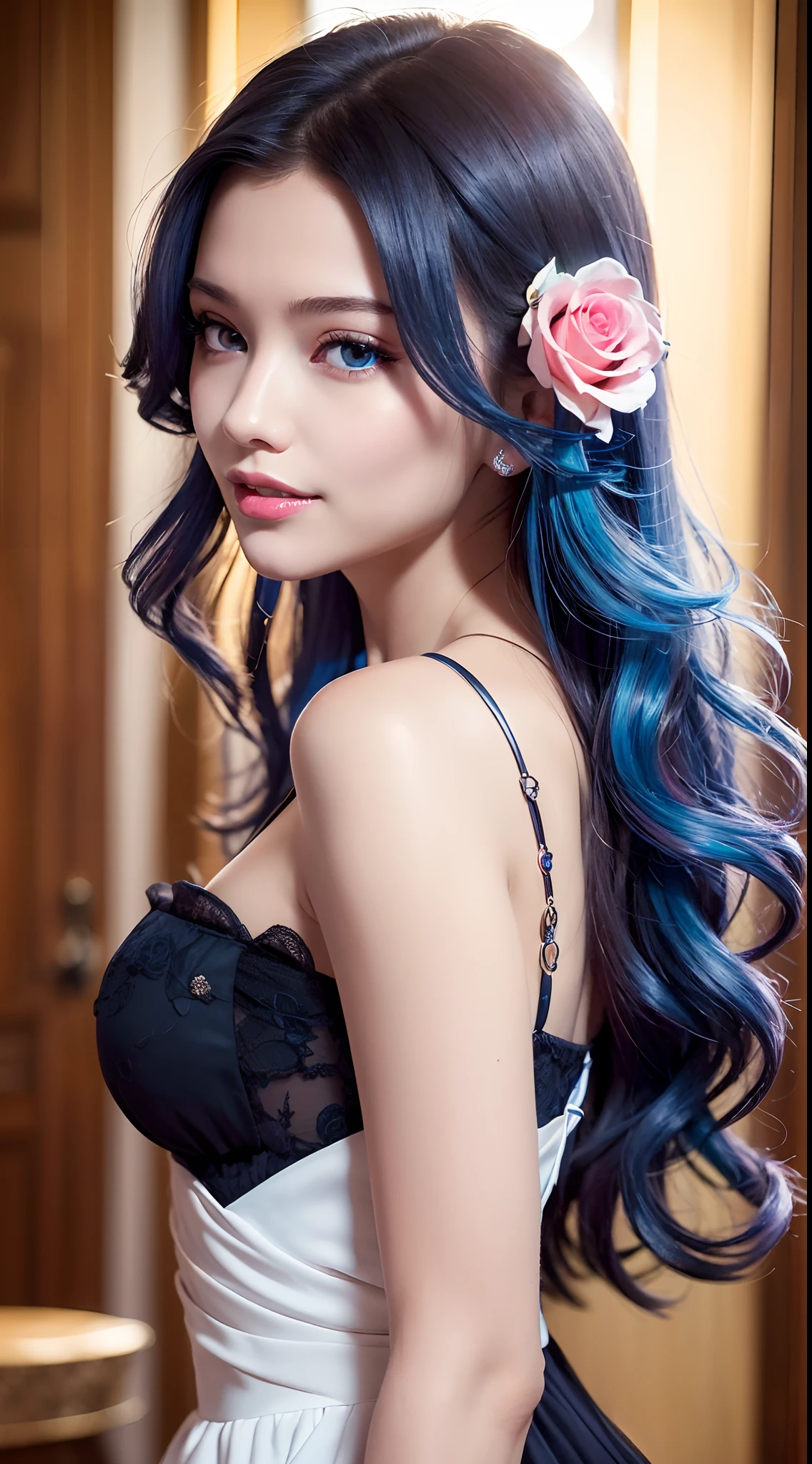 (Best quality,16K,A high resolution),Ultra-detailed,Realistic:1.37,Blue wavy hair,Bright hair,(Blue eyes,Reflective pupils),Pink plump lips,seduct smile,(Decorate the dress with roses),Fair complexion