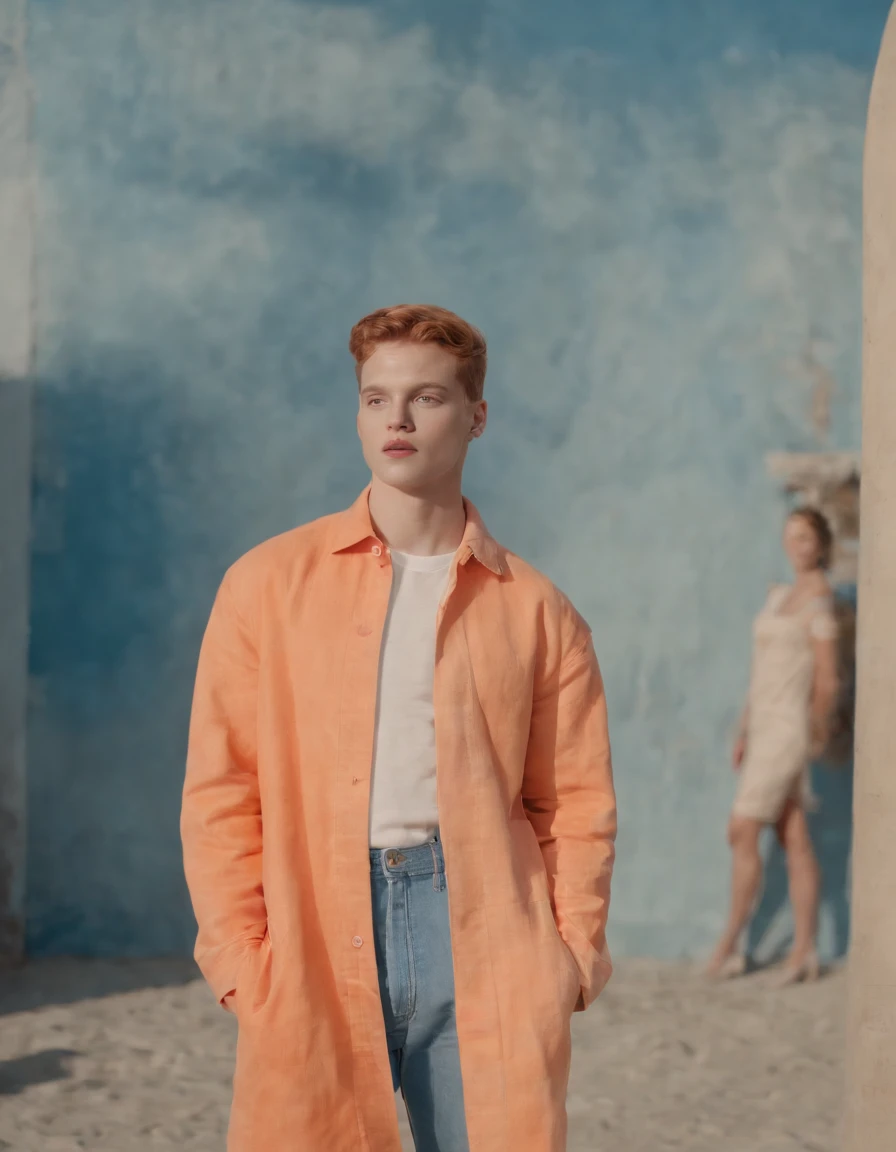 jackson is on his catwalk as part of her new music video, in the style of robert bechtle, colorful washes, candid portraiture, grid, high quality photo, light indigo and orange, margaret keane