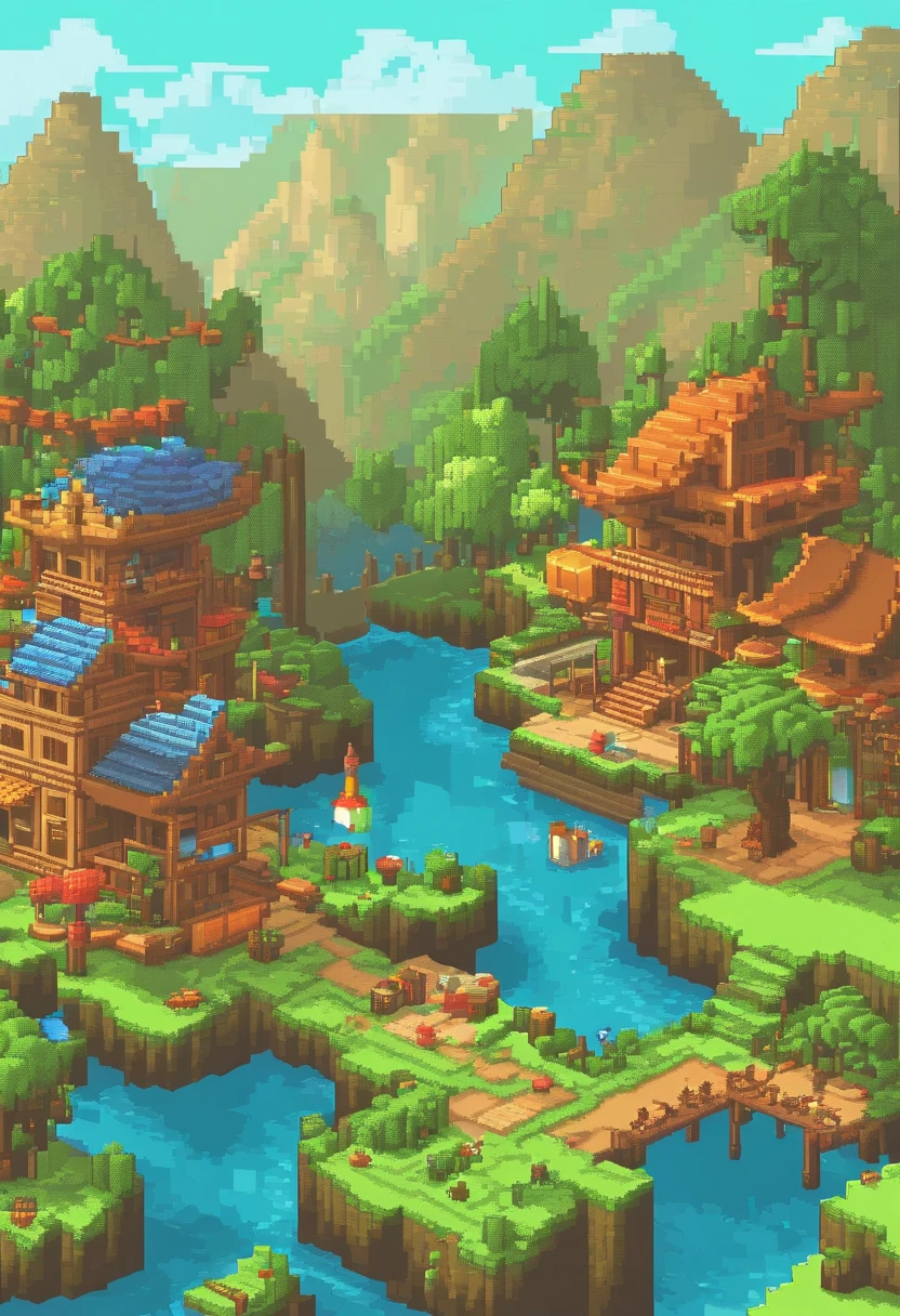 Pixel art tourist landscape. evening. 3D pixel art 4K wallpaper. Incredible pixel art details. Pixel art. steam wave. Detailed Unreal Engine pixel art