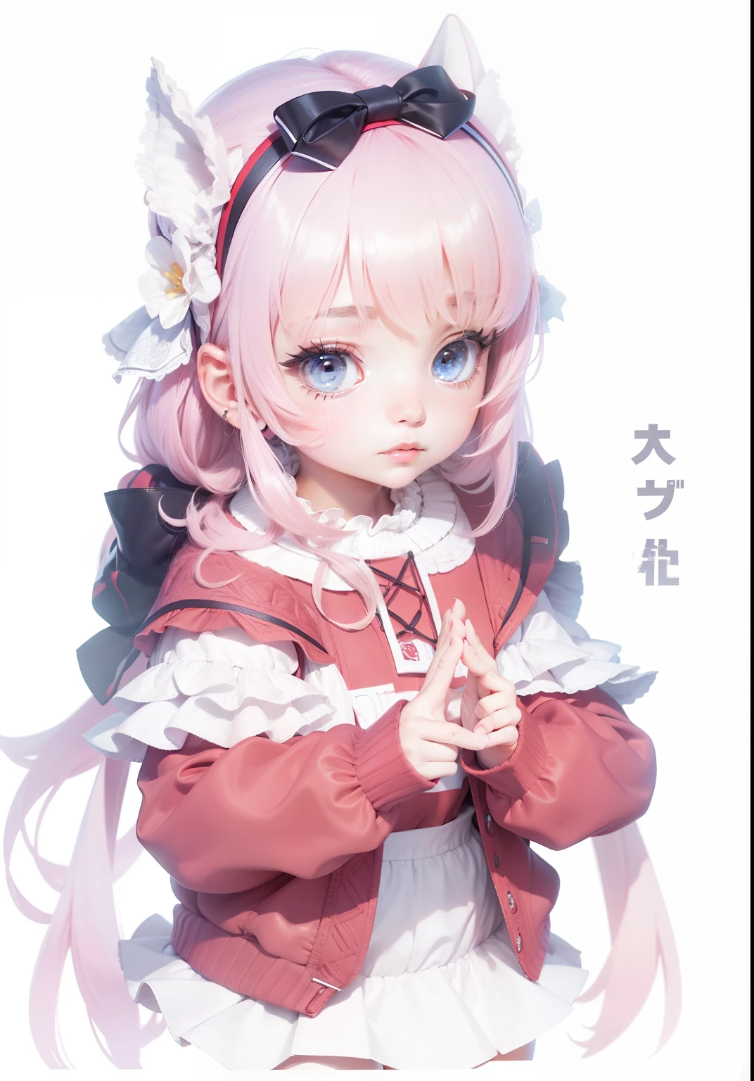 masterpiece, best quality, genny, hairband, red sweater, frilly white skirt, sneakers, standing, looking at viewer