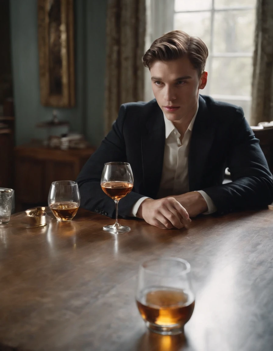 a young man sits at a glass table and drinks some liquid, in the style of john walker, timeless artistry, cody ellingham, movie still, hugh kretschmer, deconstructed tailoring, use of traditional techniques