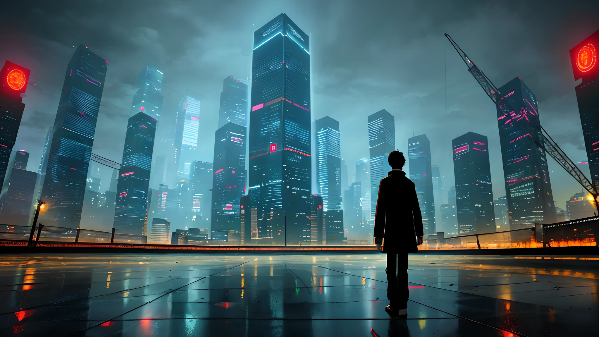 there is a man walking down a street with a dog, Praise Artstyle, inspired by Liam Wong, urban concept art, Makoto Shinkai Cyril Rolando, author:Alena Enemi, Lofi art, Guviz-style artwork, lo-fi illustration style, lofi hip hop, greg rutkowski makoto shinkai,1boys,A 13-year-old boy、full body shot of、facing back、The beginning of the adventure、Very dark sky、Lots of clouds,Heavy fog、starrysky、large moon,The chaotic city of the future、dystopian、A group of very tall skyscrapers stands in the center、Very complex cityscape,High brightness radio tower、Crowded Chinese skyscrapers、Signs、the street lights、taxis、the bus、Train、Fairly dim cinematic lighting、The Dark Road、Puddles、chaos、Beautiful and fantastic scenery、cinematic scenery、high high quality、masutepiece,8K、A high resolution、