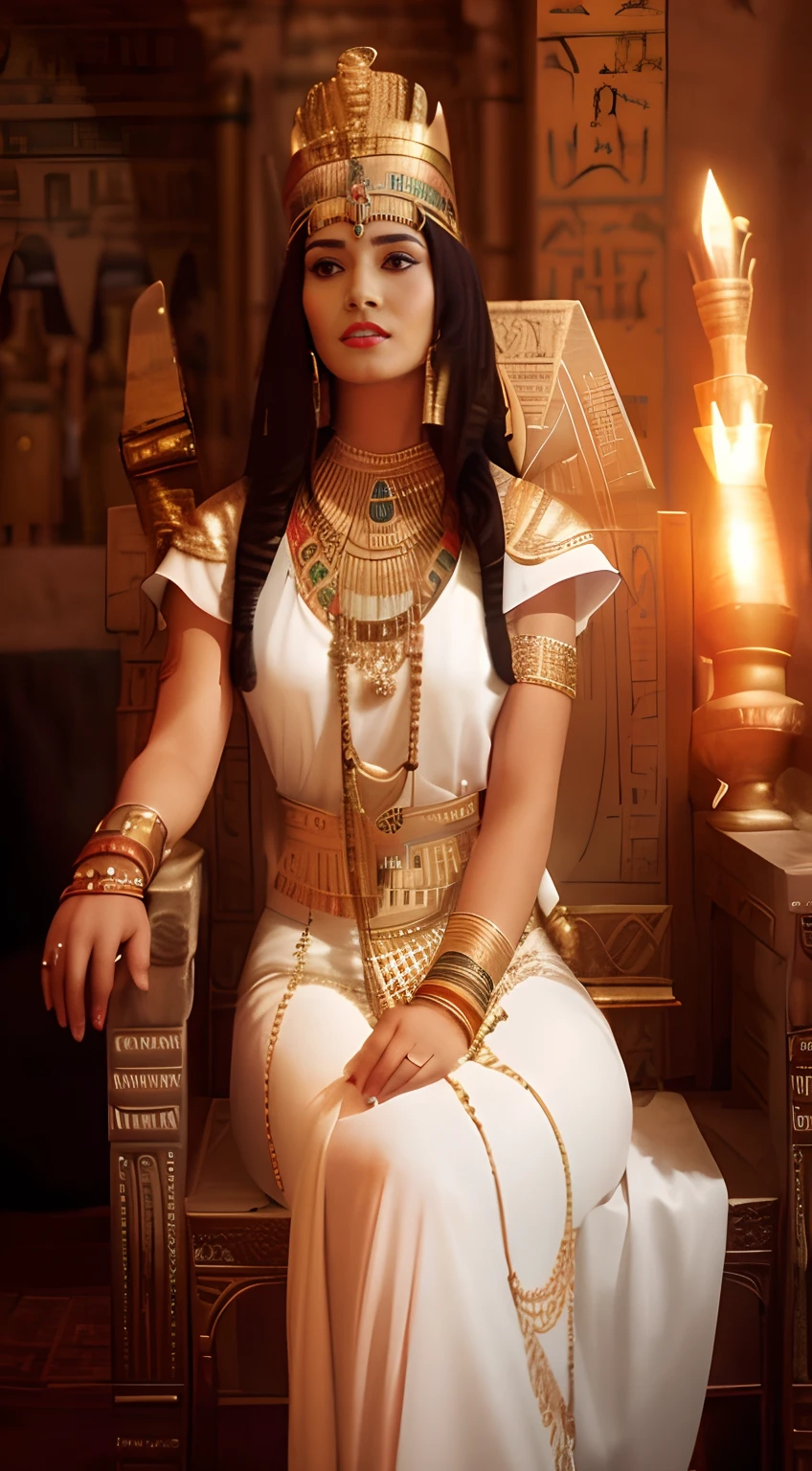 An Arafe woman wearing a costume holding a sword and sitting on a chair, beautiful cleopatra, Egyptian princess, cleopatra, Close shot of the goddess in the movie, Movie-like goddess body shots, cleopatra in her palace, beautiful goddess, beautiful fantasy empress, Egyptian style, ancient goddess, black emma watson as Egyptian, Queen of the Goddesses, movie goddess shot, Egyptian, beautiful leo goddess