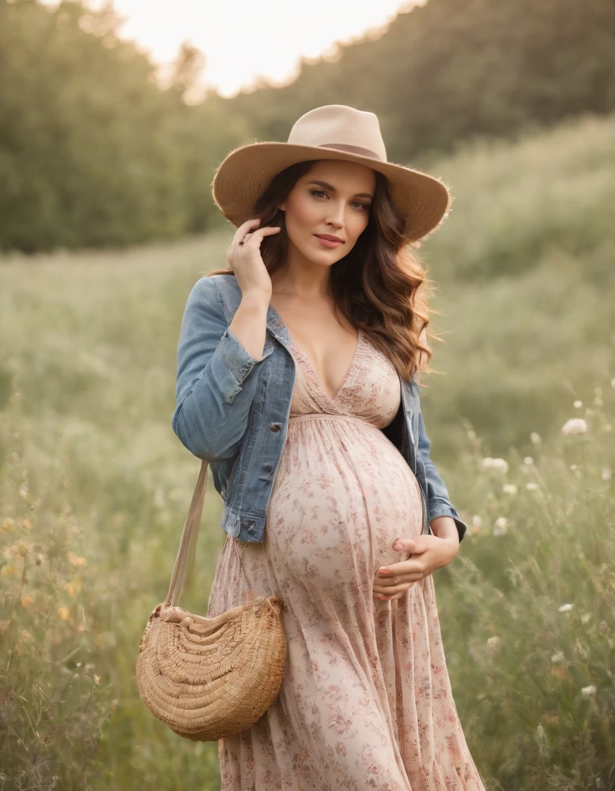an up close photo of a pregnant woman dressed in bohemian-inspired fashion, wearing a flowy maxi dress with floral prints, layered with a denim jacket and accessorized with a floppy hat and vintage accessories. Her hair is styled in loose waves or natural curls. The setting is a sunlit park or meadow, with long grass and wildflowers,((short hair))