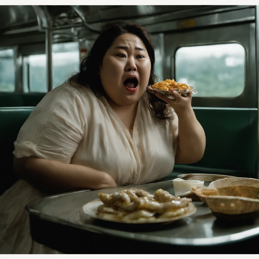 Fat woman in her 20s Japan spits out a large amount of food and internal organs from her wide open mouth with a look of distress while her face is distorted by the stench.、A hyper-realistic、Heavy downpouring rain、Woman's bedroom at night with dirty curtains closed due to large amounts of rotting internal organs, seafood, manure and vomit scattered in polluted and cloudy sewage flowing curving on the floor of the train.