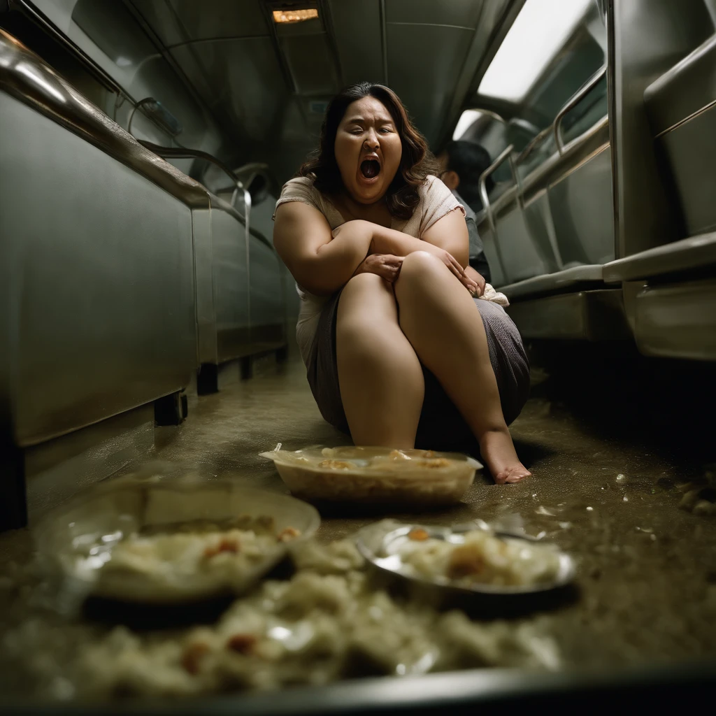 Fat woman in her 20s Japan spits out a large amount of food and internal organs from her wide open mouth with a look of distress while her face is distorted by the stench.、A hyper-realistic、Heavy downpouring rain、Woman's bedroom at night with dirty curtains closed due to large amounts of rotting internal organs, seafood, manure and vomit scattered in polluted and cloudy sewage flowing curving on the floor of the train.
