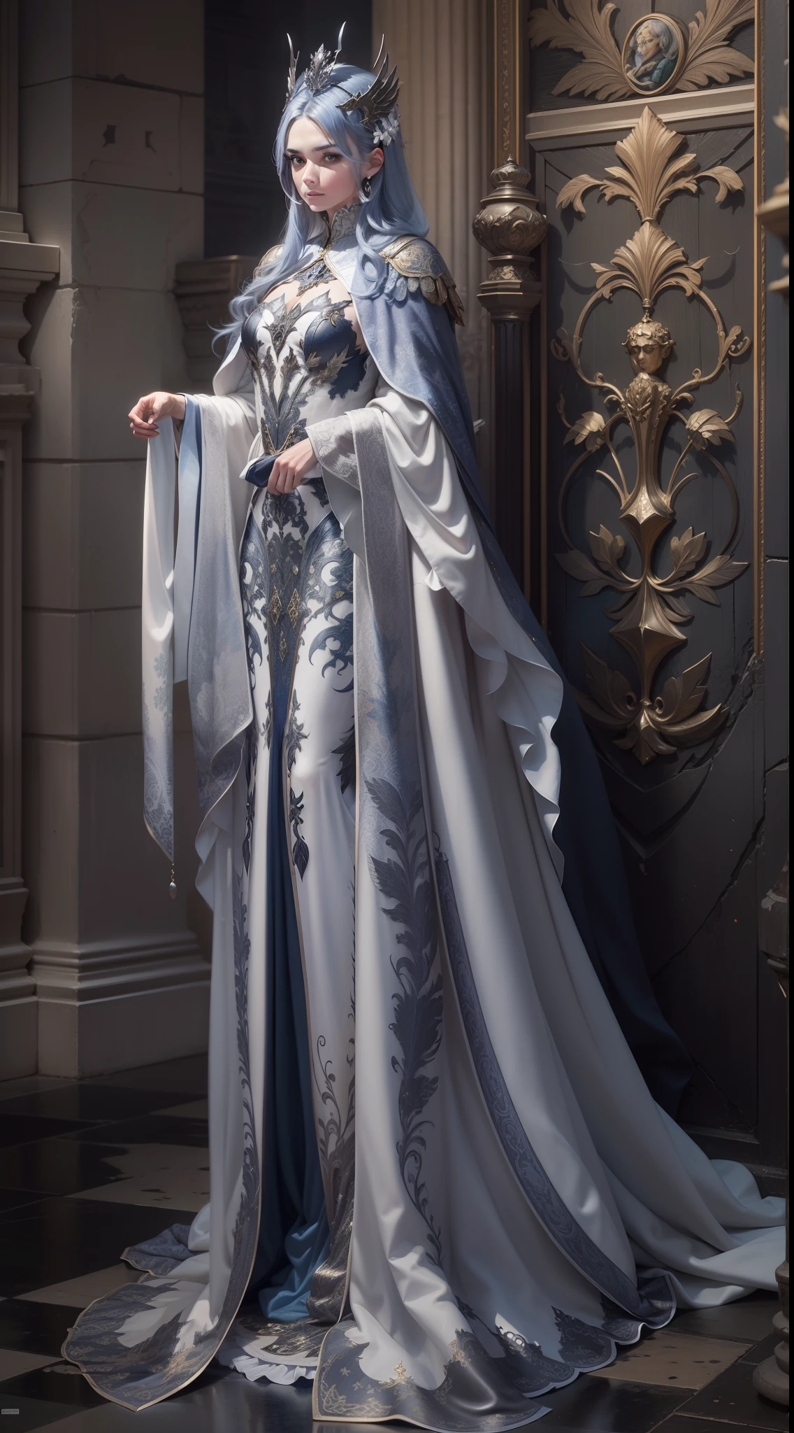 Jessica Green Gesicht, winged, Engel, ((Full-body CGInft)), Extrem detailliertes 8k-Hintergrundbild, kompliziert, detailreich, dramatisch, episch, Blondes helles Haar, the winged Albin queen wears very detailed shoulder pads made of black steel, which are modeled on the heads of dragons and are decorated with distinctive shimmering silver decorations and ornaments, a dark gray cape with velvet blue lining and a large hood, die tief in die anmutige, finsteres Gesicht, nur die Blauen Augen leuchten unter der Kapuze hervor, Es hat ein extrem detailliertes Grau/white feathered angel wings on the back, Rahmung sie schimmernd und anmutig , wahnsinnig realistischen Grafiken, wahnsinnig detaillierten Details, Ultrarealistisches und sehr detailliertes schwarzes, langes, figure-hugging royal dress, das bis zum Boden reicht, the long sleeves are decorated with shiny silver embellishments and pronounced gold embroidery and white lace on the hem and neckline of the dress, Extrem detaillierte, schwere schwarze Lederstiefel mit markanten silber schimmernden Verzierungen und Verzierungen, das Licht wird von den Verzierungen reflektiert, sie geht anmutig den Gang des Schlosses entlang, during the leisurely walk through the gloomy cathedral, Lichtkegel scheinen durch die hohen Fenster des Doms, auf ihrem Kleid, a blue rose blossom protrudes from her chest,