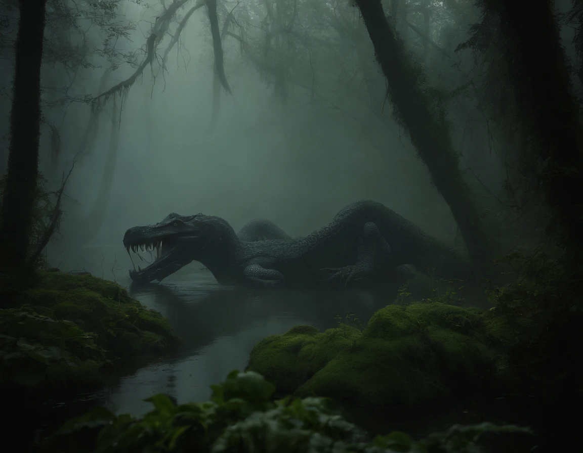 Photography of a mysterious and elusive creature lurking in a dense mist-covered swamp. The monster's body is concealed by thick, writhing vines and long, sharp barbs that seem to pulsate with an otherworldly energy. Its luminescent eyes peer through the foliage, radiating an eerie glow. The composition is a wide shot, capturing the creature partially obscured by the mist, adding an air of mystique to its presence. The lighting is muted, casting a soft, ethereal glow that accentuates the monster's enigmatic form. This photograph unveils the enigmatic essence of a mythical monster dwelling within the depths of a haunting swamp
