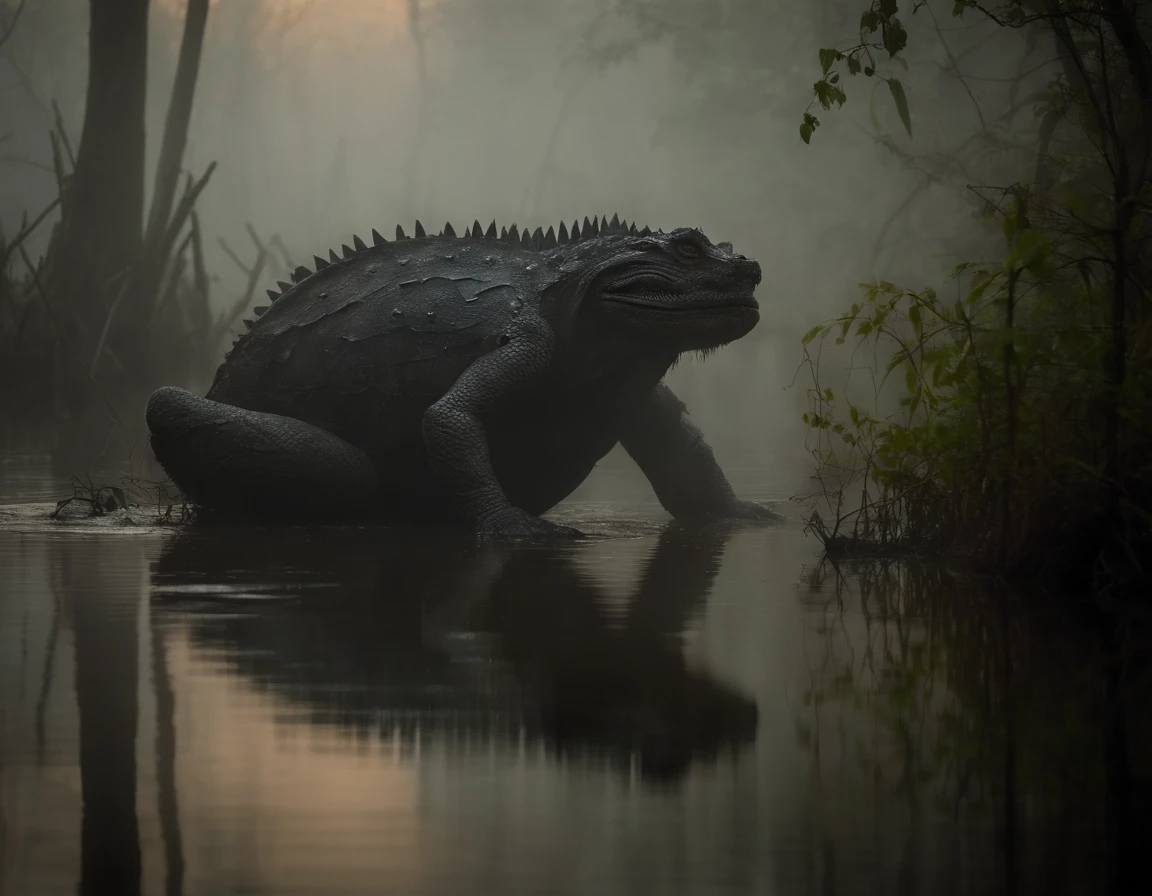 Photography of a mysterious and elusive creature lurking in a dense mist-covered swamp. The monster's body is concealed by thick, writhing vines and long, sharp barbs that seem to pulsate with an otherworldly energy. Its luminescent eyes peer through the foliage, radiating an eerie glow. The composition is a wide shot, capturing the creature partially obscured by the mist, adding an air of mystique to its presence. The lighting is muted, casting a soft, ethereal glow that accentuates the monster's enigmatic form. This photograph unveils the enigmatic essence of a mythical monster dwelling within the depths of a haunting swamp