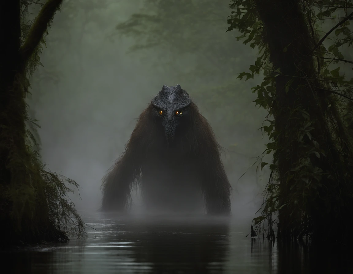 Photography of a mysterious and elusive creature lurking in a dense mist-covered swamp. The monster's body is concealed by thick, writhing vines and long, sharp barbs that seem to pulsate with an otherworldly energy. Its luminescent eyes peer through the foliage, radiating an eerie glow. The composition is a wide shot, capturing the creature partially obscured by the mist, adding an air of mystique to its presence. The lighting is muted, casting a soft, ethereal glow that accentuates the monster's enigmatic form. This photograph unveils the enigmatic essence of a mythical monster dwelling within the depths of a haunting swamp