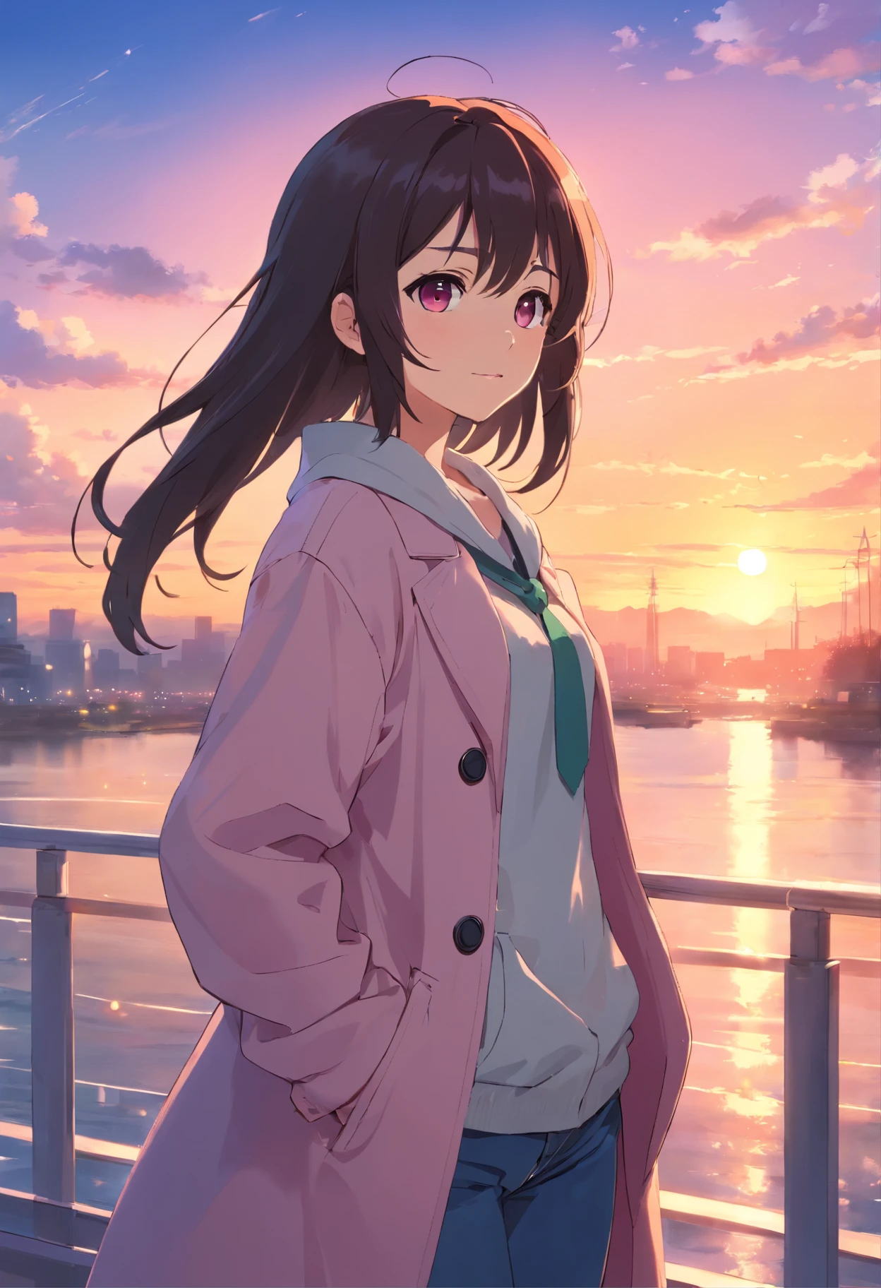 tmasterpiece，best qualtiy，cinematic Film still from，1girll，Long black hair，Pink eyes，Pink long-sleeved coat，white short sleeve，Gray jeans，goodness，，closeup cleavage，brightly，cheerfulness，Warm and soft lighting，the sunset，toyko（spark of light：0.7）