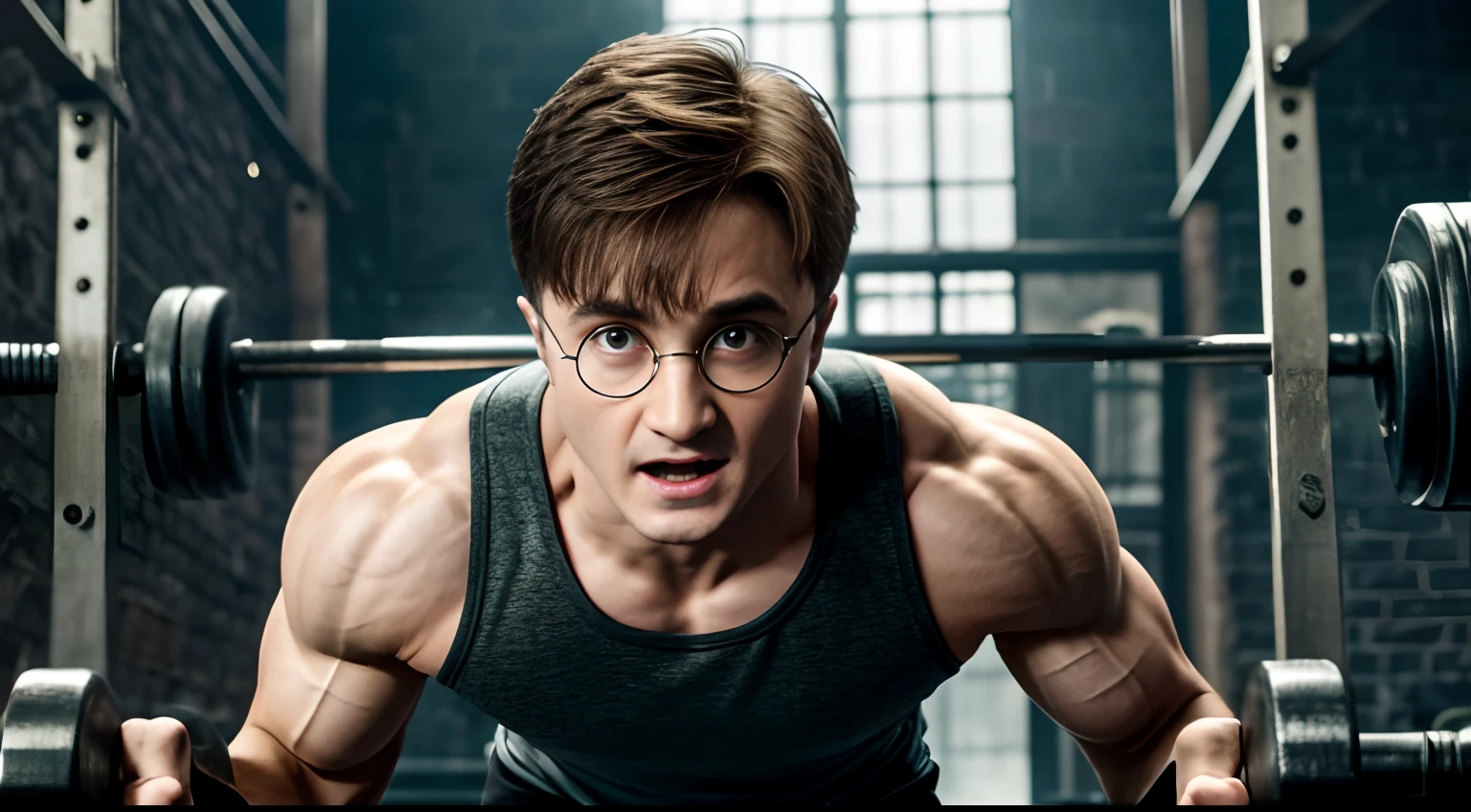 Harry Potter、adolescence、Harry Potter、scar on forehead、short-haired、suspenders、sports wear、very muscular body、gym、Raise a very heavy barbell