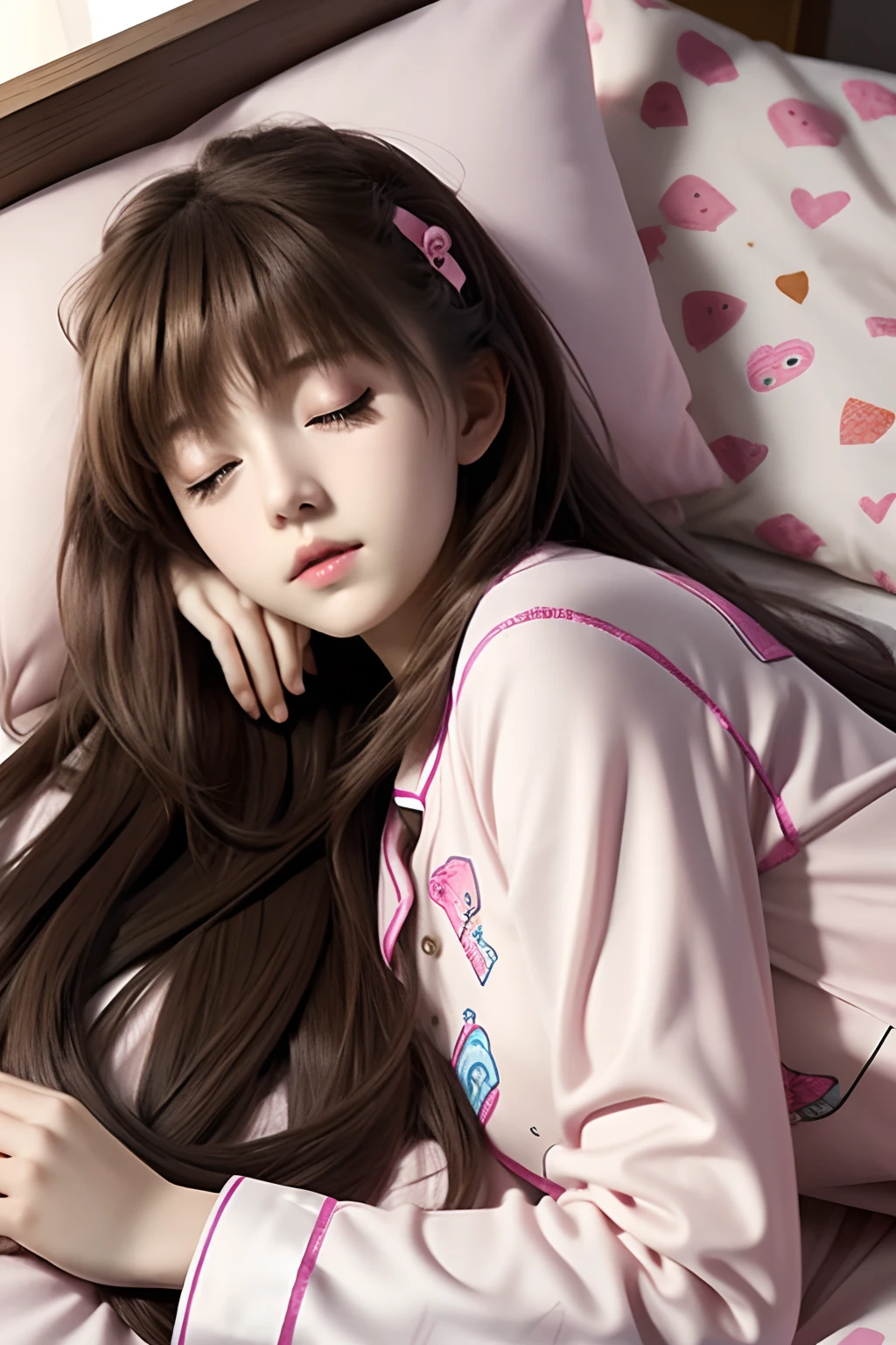 Sleeping girl, , Realistic, ((Cute))，Lie down in bed，Wear pink pajamas，Brown hair