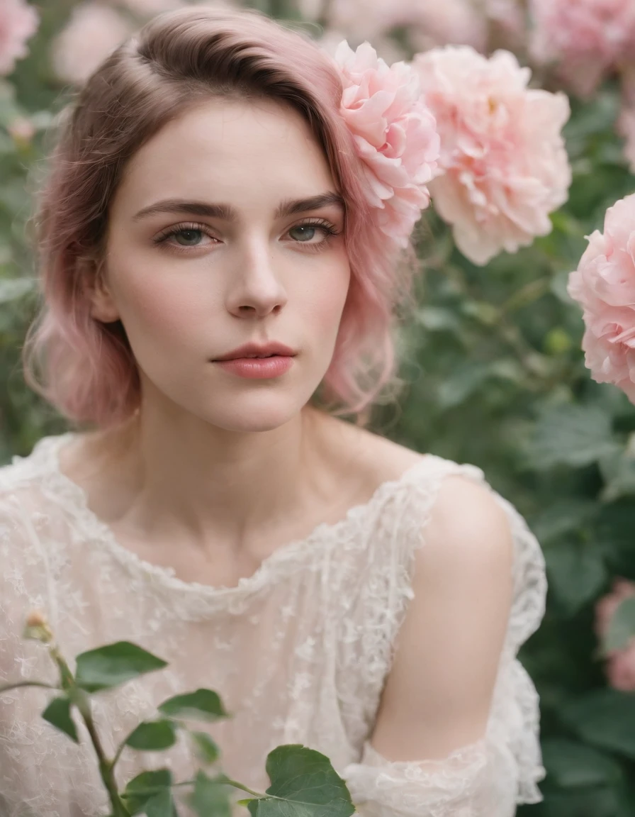 girl on a flower, in the style of androgynous, wollensak 127mm f/4.7 ektar, white and pink, uhd image, punk rock aesthetic, detailed facial features, feminine sensibilities