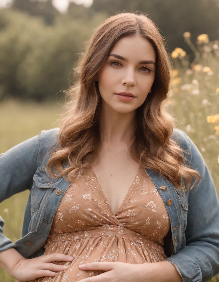 an up close photo of a pregnant woman dressed in bohemian-inspired fashion, wearing a flowy maxi dress with floral prints, layered with a denim jacket and accessorized with a floppy hat and vintage accessories. Her hair is styled in loose waves or natural curls. The setting is a sunlit park or meadow, with long grass and wildflowers,golden short hair