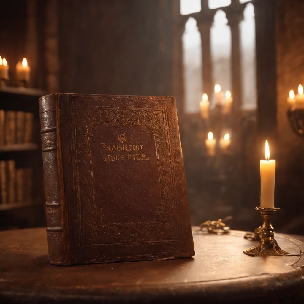 (best quality,4k,8k,highres,masterpiece:1.2),ultra-detailed,(realistic,photorealistic,photo-realistic:1.37),ancient book,mythical,old tome,dark leather cover,elaborate golden patterns,aged pages,ancient language inscriptions,mysterious aura,glimmering text,silver bookmarks,mythical creatures emerging from the pages,magical floating symbols,enchanted bookshelf,dust particles dancing in the rays of light,illumination from a single candle,ornate library,velvet curtains,aged wooden floor,atmospheric shadows,rich and vibrant colors,whispering voices,air of secrecy