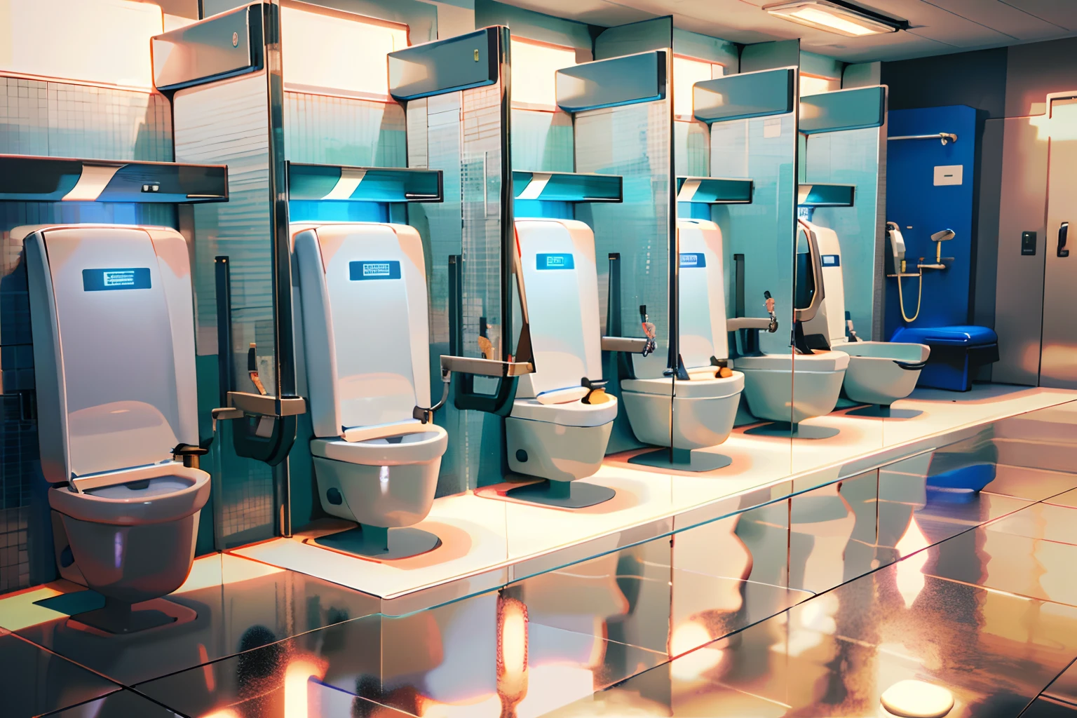 There are many urinals in public toilets, gaming toilet, futuristic cloning facility, commercial washroom hand dryer, an upside down urinal, Cubicle, the toilet is shiny, future technology, gaming chair as a toilet, toilet, broken toilets, Modern look, depicted as a 3 d render, photograph of 3d ios room, Showers