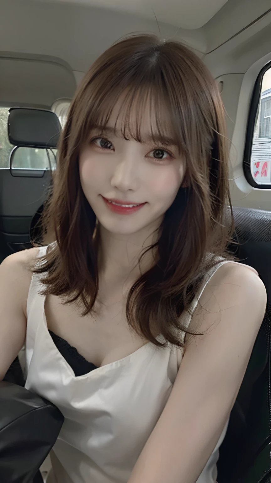 (masterpiece:1.3), (8K, Photorealsitic, Raw photography, Top image quality: 1.4), Japan high school girls、(Random hairstyles:1.2)、(small tits:1.3)、Super Detail Face、Eye of Detail、二重まぶた、foco nítido:1.2、prety woman:1.4、light brown hair、top-quality、masterpiece、超A high resolution、(Photorealsitic:1.4)、very detailed and professional lighting、slender、(Outstanding smile:1.8)、(eye line:1.5)、heavy make up:1.8、(Looking at the camera)、(Inside the Enoden car:1.3)、Wearing a black dress、