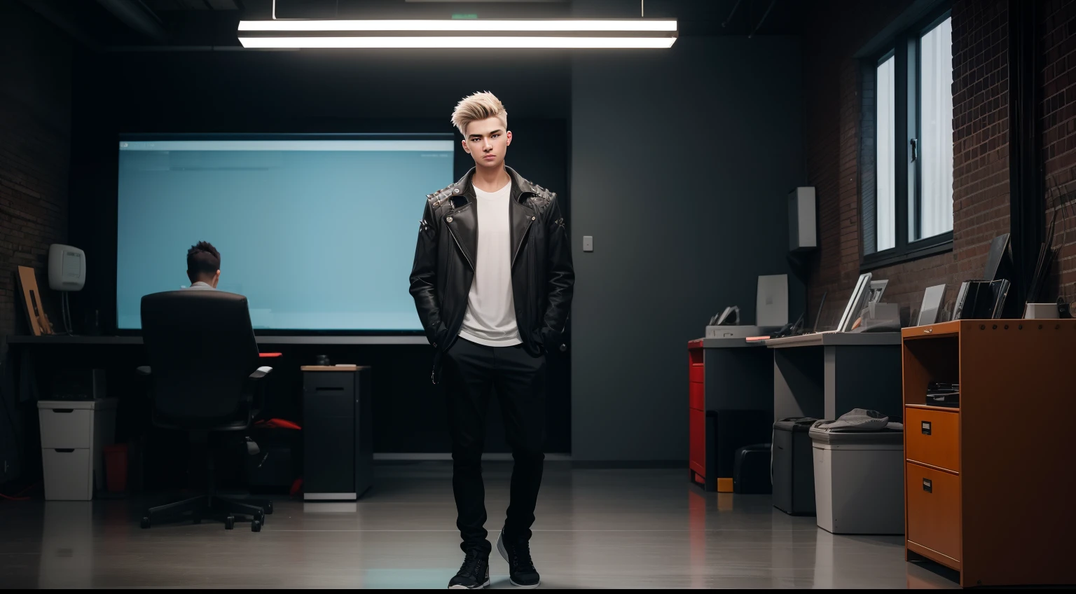 young man name urban legend with short spiky hair in Studio co seeing camera front siting alone show full body