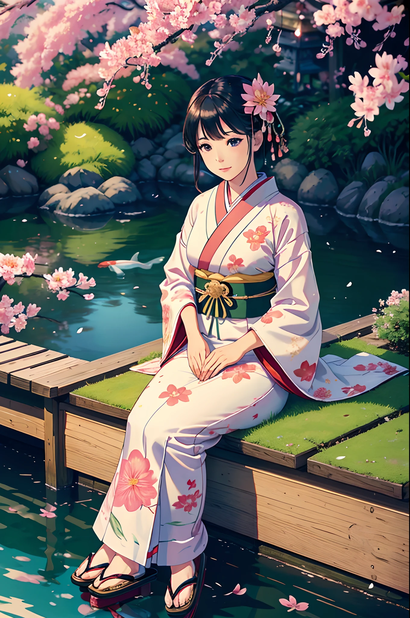 (best quality,4k,8k,highres,masterpiece:1.2),ultra-detailed,(realistic,photorealistic,photo-realistic:1.37),A girl in a garden,old Japan-style,beautiful detailed eyes,beautiful detailed lips,extremely detailed eyes and face,long eyelashes,vibrant colors,soft, warm sunlight,rustic scenery,traditional floral pattern,delicate silk fabric,fine embroidery,gentle breeze,serene expression,graceful posture,subtle smile,Japanese wooden architecture,traditional garden,pink cherry blossoms,falling sakura petals,elegant kimono,long flowing sleeves,ornate obi with a bow,traditional geta sandals,peaceful atmosphere,cascading water fountain,stone lanterns,lush greenery,crimson maple leaves,sound of koto music,tranquil pond with koi fish,contemplative expression,serene beauty,radiant aura.