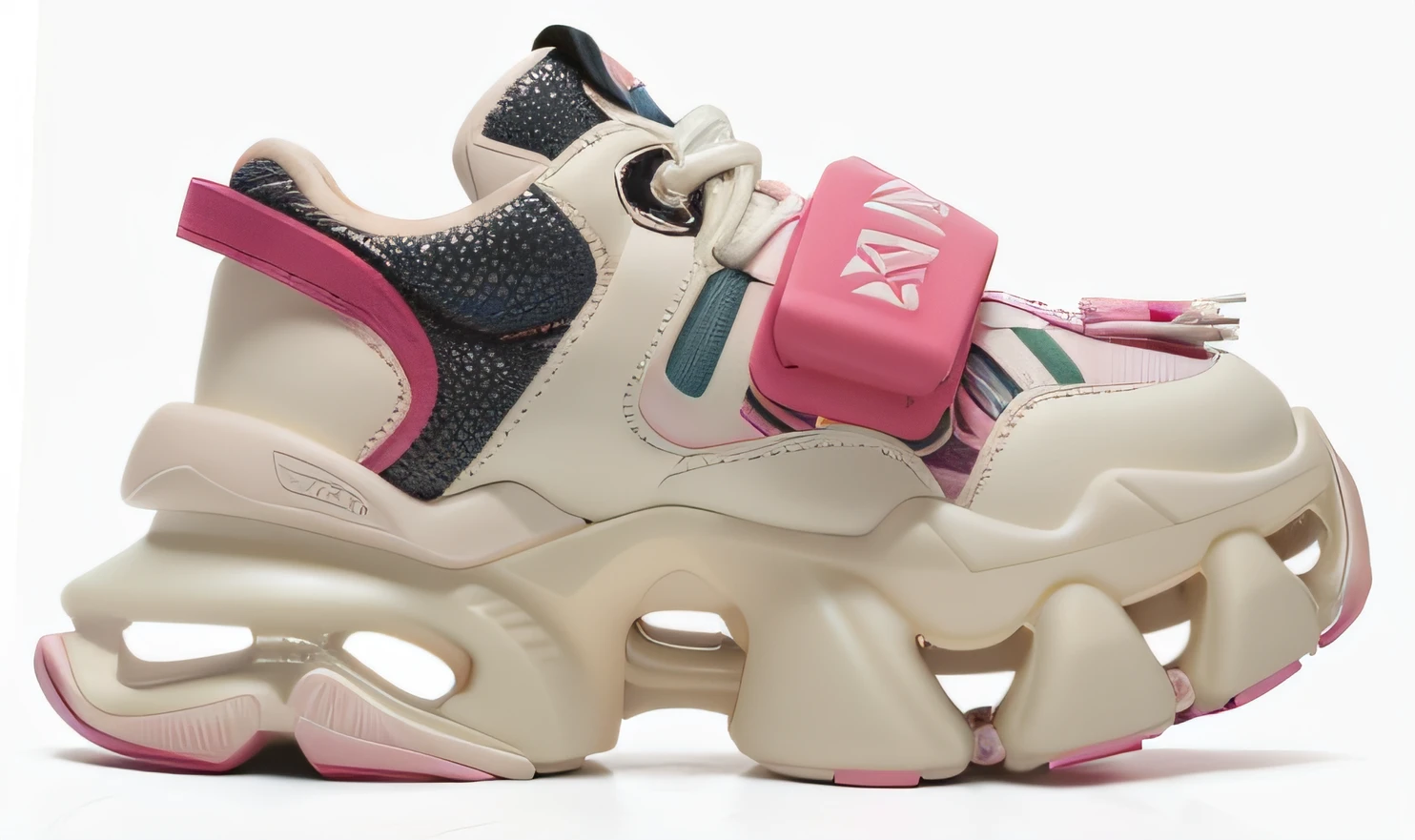 A close-up of a pair of sneakers with pink and black laces, Futuristic Balenciaga sneakers, y2k”, futuristic sneakers, y 2 k, Y2K, inflatable future shoes, giving, platforms, focus on sneakers only, whole shoe is in picture, 🤬 🤮 💕 🎀, hulking, E-Girl, e - girl