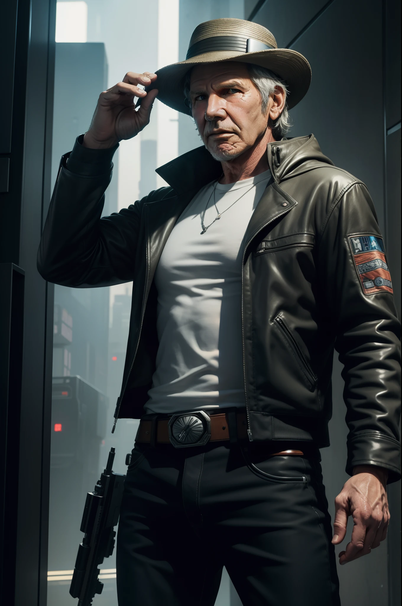 Obra prima , RAW Camera, ultra realista, Harrison Ford , ator de filmes , corpo inteiro , jaqueta de couro velha , hat on head , fundo estilo Cyberpunk