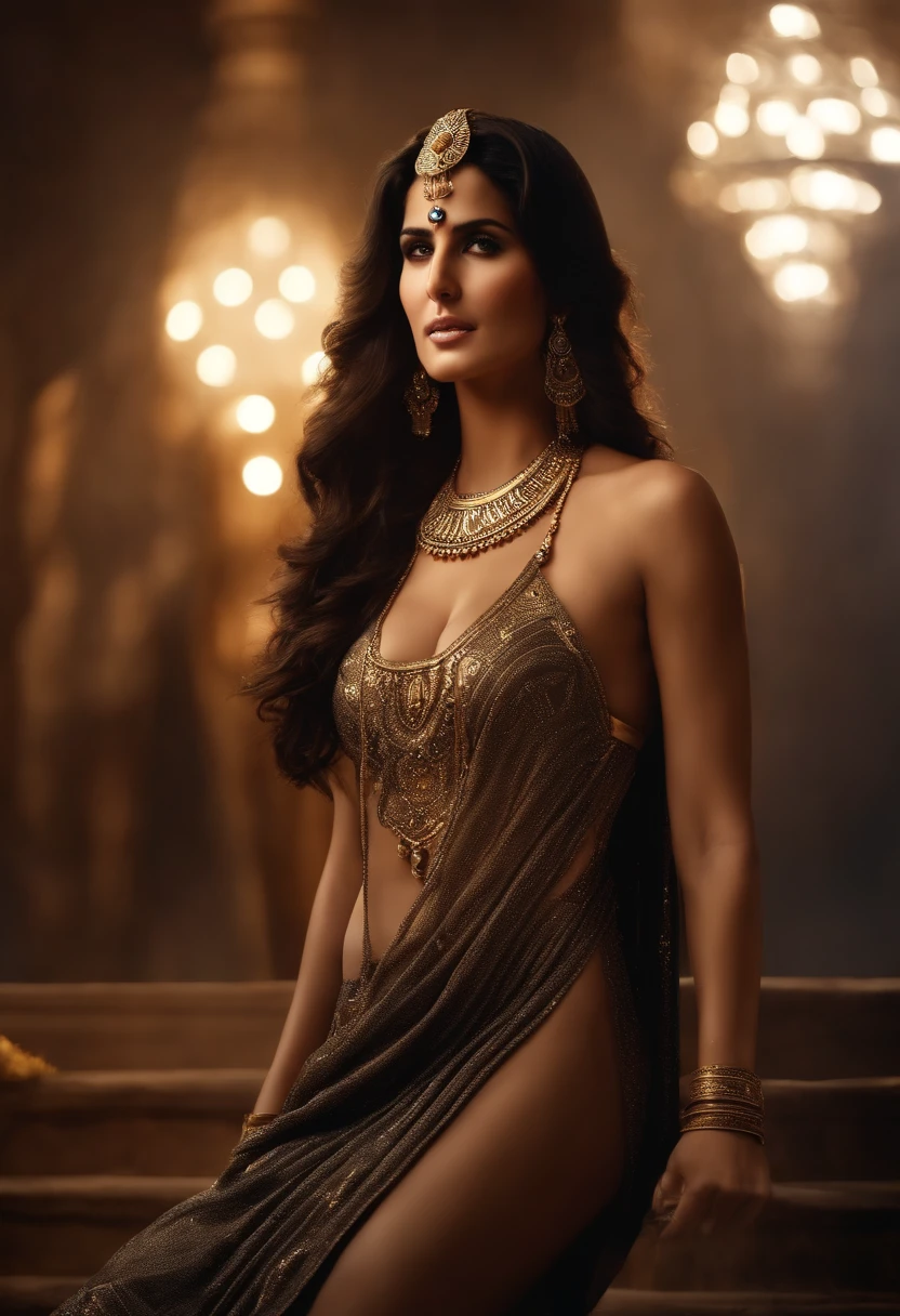 a beautiful ((Katrina kaif:1.2)) as an Egyptian godess, sexy quente, perfeito, Cabelos lisos, long to feet and loose, pele dourada sedosa (Oily lighting) fleshy lips, Egyptian headscarf, jewelry and bracelets (fotorrealista:Fotorealista, 8k Obra-prima), with a gold and white plunging Egyptian garment, tela preta ((fundo preto)), (hiper realista:realista detalhes intrincados), sorrindo: sensual features, (Texture and environment well detailed pure perfect lighting).