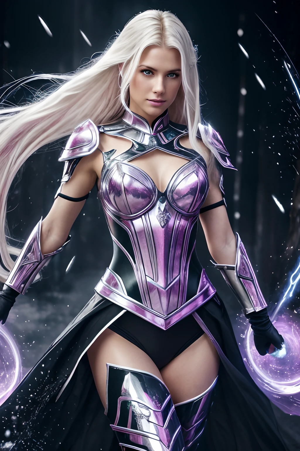 (best quality,4k,8k,highres,masterpiece:1.2),ultra-detailed,realistic, long flowing hair (half pink half platinum blonde), vibrant blue eyes, elegant facial features, porcelain skin, enchanting smile, having an air of mystery, wearing a form-fitting shiny black combat suit, pink and silver armor accents, intricate magical tattoos on her arms, wielding a sparkling silver staff with a crystal at the top, surrounded by a shimmering aura of light, raindrops glistening on her body, creating a mesmerizing effect, rain pouring down heavily, showcasing her determination, blurred background with shadows of lurking evil, intense lighting illuminating her figure, creating a dramatic atmosphere, a magical girl symbol glowing on her chest, symbolizing her strength and destiny, embracing her powers to protect the world from darkness, the embodiment of beauty and power in the face of adversity.