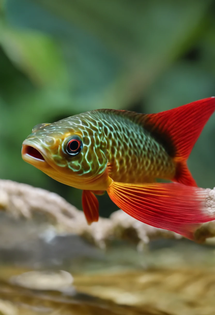 Fish head，Tail of a fish，Human body，Humanoid body，It has fins and scales，super adorable，sprout，cartoony，with a round face，largeeyes，little mouth