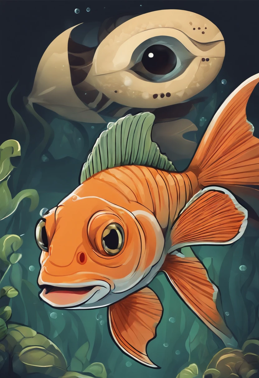 Fish head,Tail of a fish,Human body,Humanoid body,It has fins and scales,super adorable,sprout,cartoony,with a round face,largeeyes,little mouth