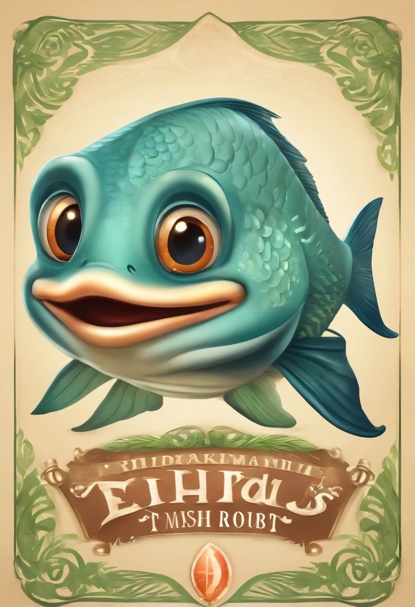 Fish head,Tail of a fish,Human body,Humanoid body,It has fins and scales,super adorable,sprout,cartoony,with a round face,largeeyes,little mouth