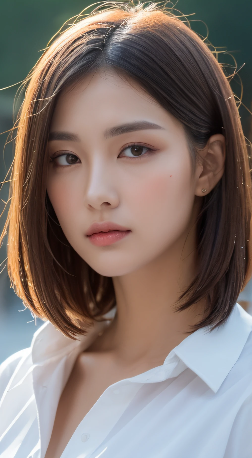 ((Best Quality, 8K, Masterpiece: 1.3)), Sharp: 1.2, Perfect Body Beauty: 1.4, Slim Abs: 1.2, ((Layered Hairstyle, Big Breasts: 1.2)), (Wet White Button Long Shirt: 1.1), (Rain, Street: 1.2), Wet: 1.5, Highly detailed face and skin texture, detailed eyes, double eyelids, side face looking at the camera