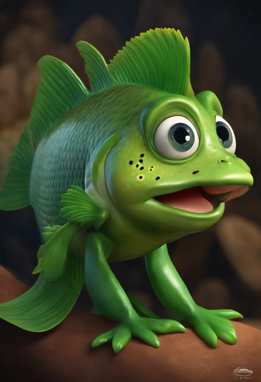 Fish head,Tail of a fish,Human body,Humanoid body,It has fins and scales,super adorable,sprout,cartoony,with a round face,largeeyes,little mouth