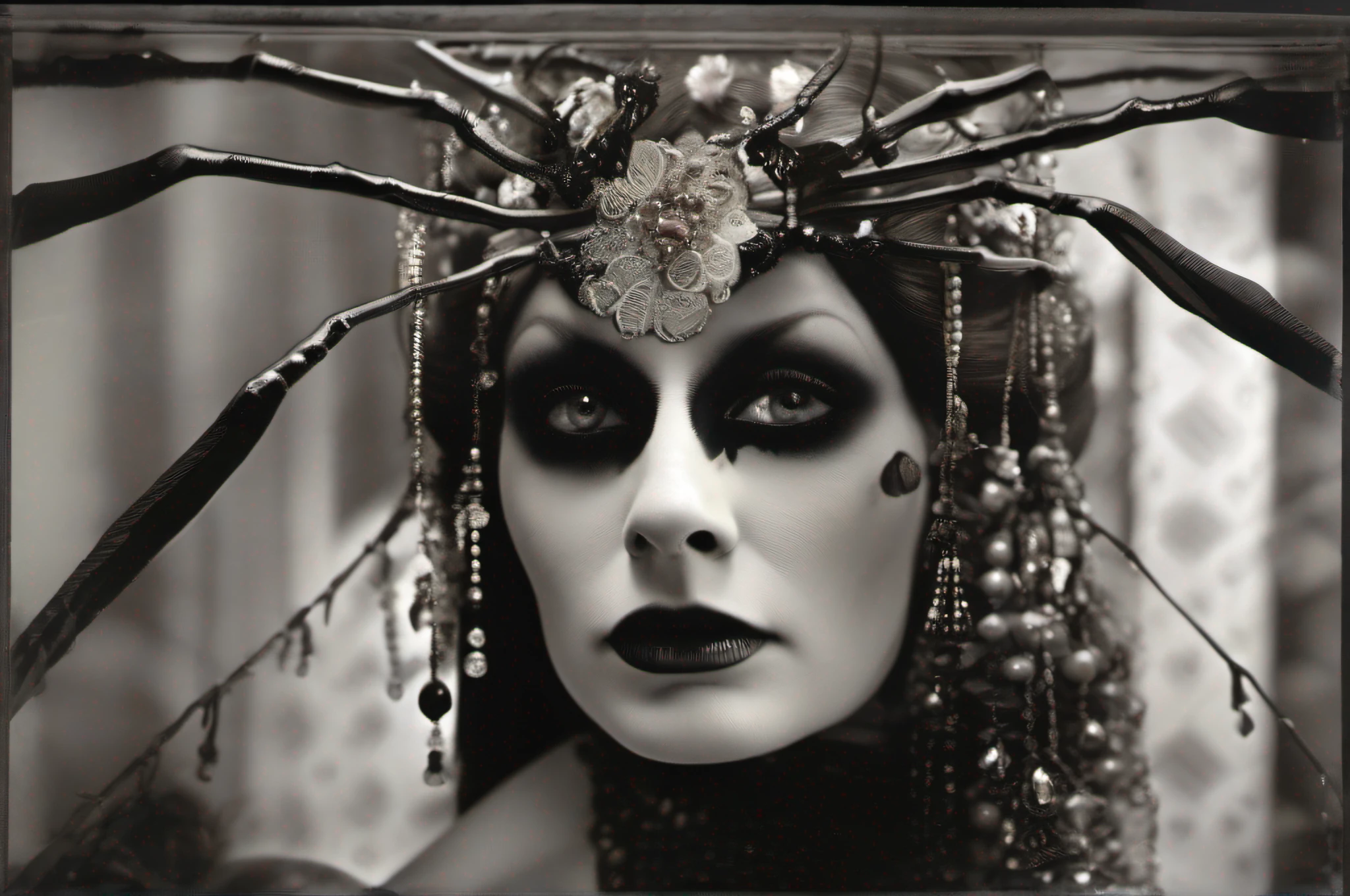 Style by Joel Peter Witkin, ((cinematic)), portrait photography,Spider and its web made out of jewels, diamonds, rubies, pearls, interact details gold and silver threads,(2 fat tattooed old men)++, (cross-dressers)++,skin texture, full naked body, dawn, (light through window)++, (rays of light )+++, (((full body shot))), (((black and white)))++, dramatic light, clean sharp focus, film photography, dramatic lighting, 8k, high detailed, hyper-detail, flowers and butterflies, hyper-detail, photo, 3d render, (Joel Peter Witkin style)++++, ,detailed_eye, face, detailed eyes,detailed_eye, face, detailed eyes
