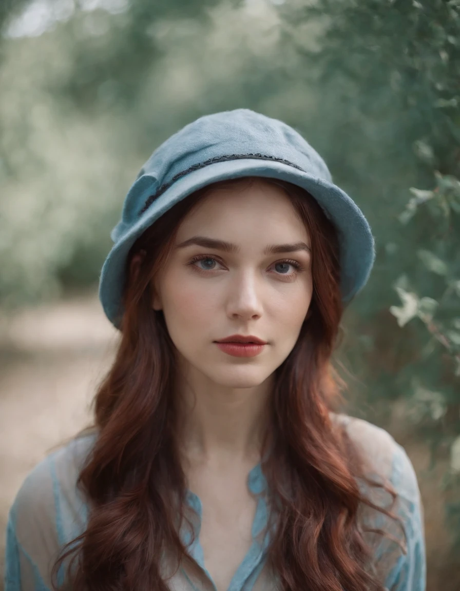 young woman in hat wearing a shirt over her head, in the style of light sky-blue and dark red, fujifilm pro 400h, kintsugi, alex colville, uhd image, troubadour style, fauvist portraiture  --