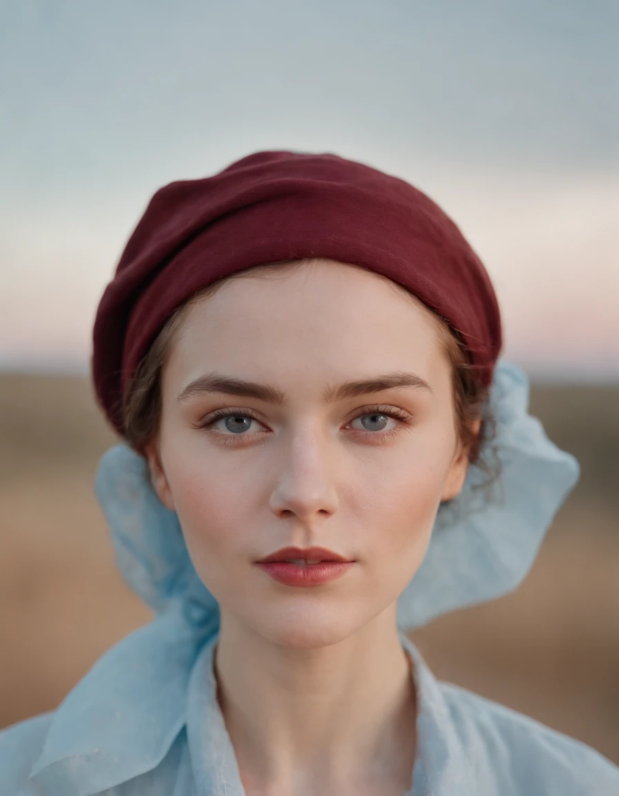 young woman in hat wearing a shirt over her head, in the style of light sky-blue and dark red, fujifilm pro 400h, kintsugi, alex colville, uhd image, troubadour style, fauvist portraiture  --