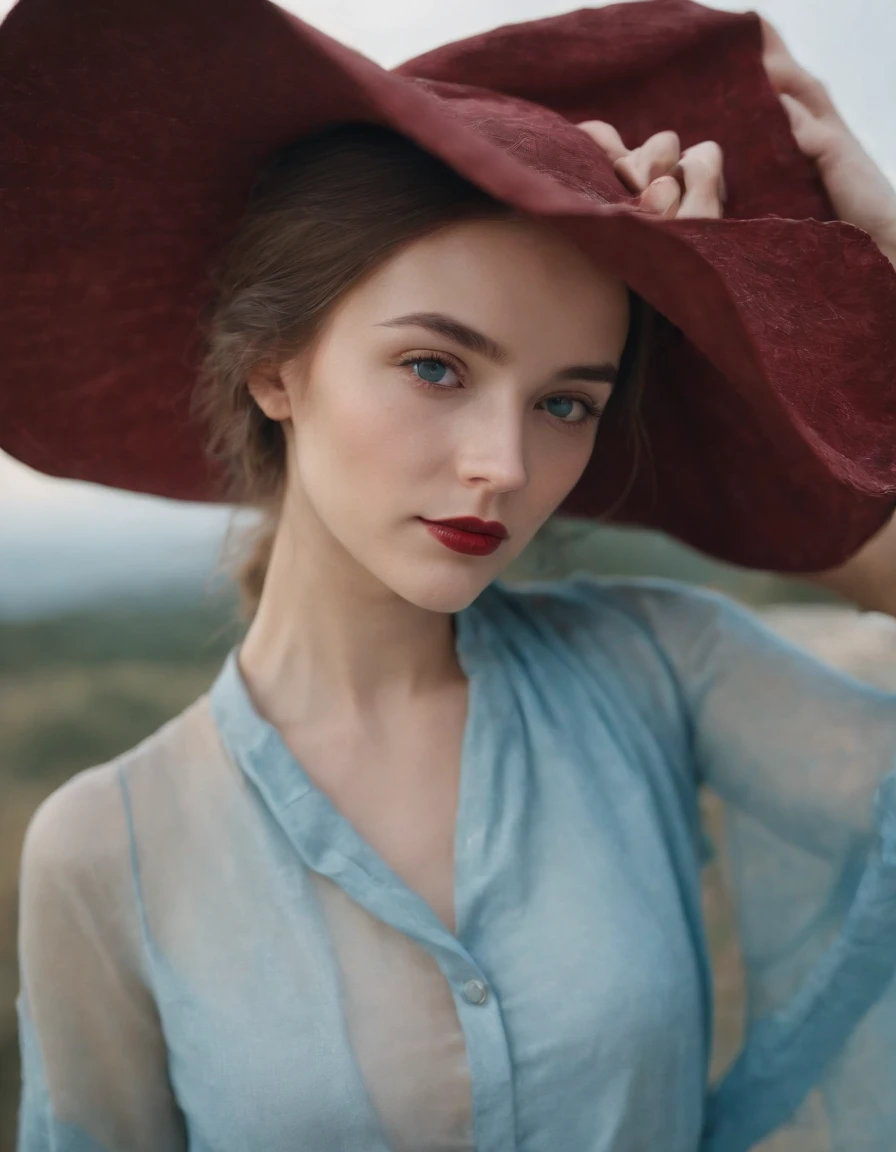 young woman in hat wearing a shirt over her head, in the style of light sky-blue and dark red, fujifilm pro 400h, kintsugi, alex colville, uhd image, troubadour style, fauvist portraiture --